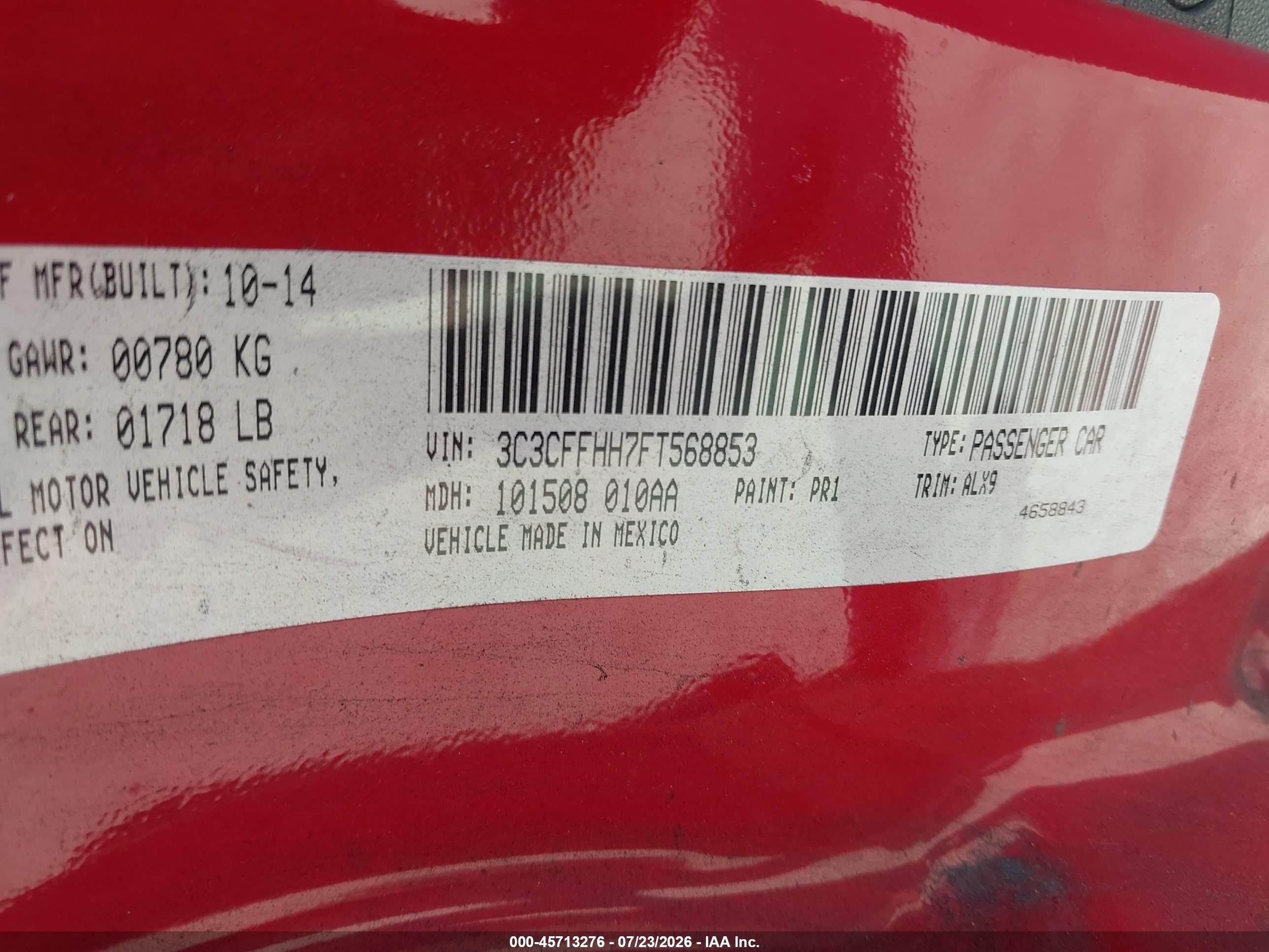 2015 Fiat 500 Turbo Red vin: 3C3CFFHH7FT568853