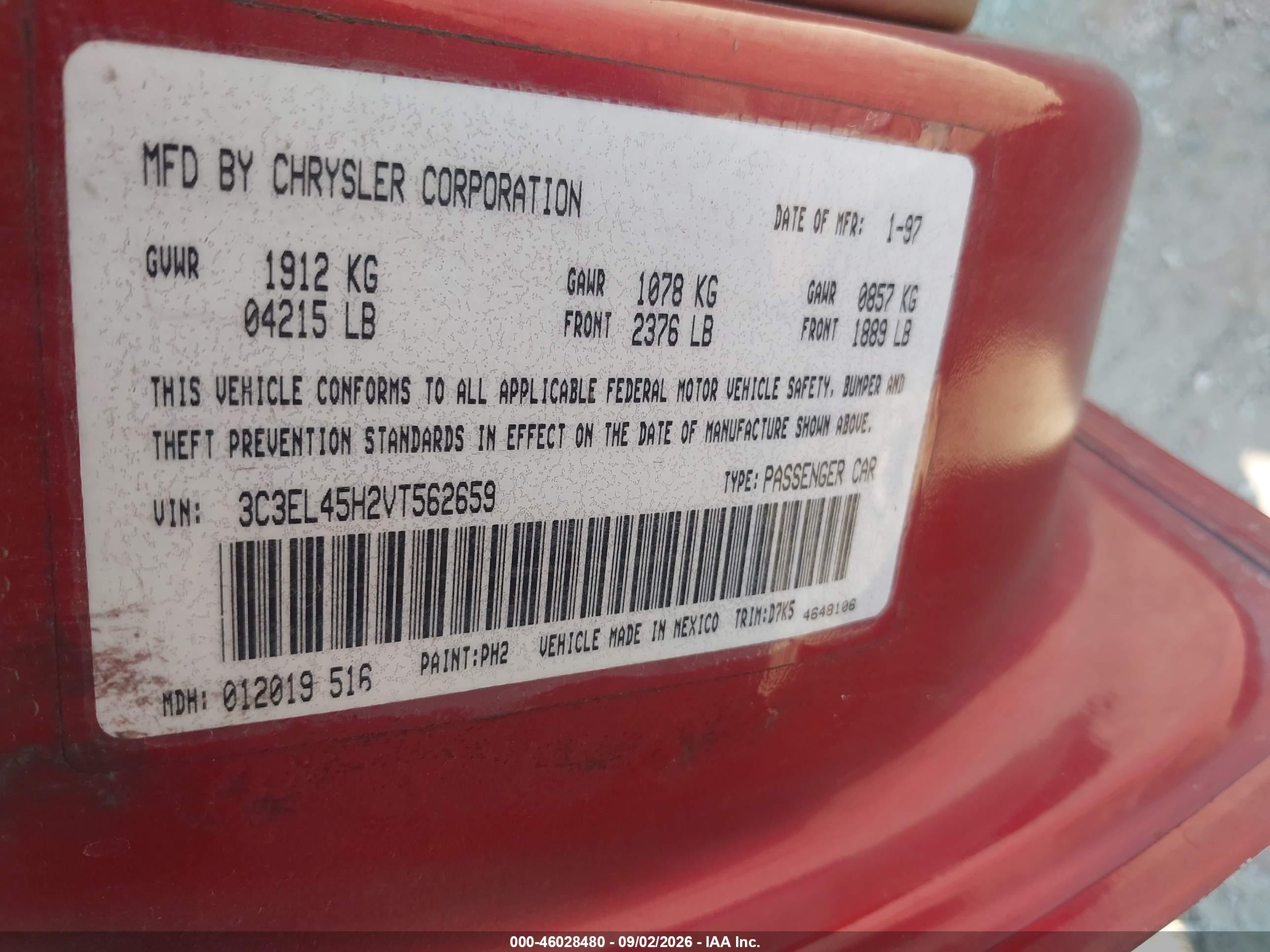 1997 Chrysler Sebring Jx Red vin: 3C3EL45H2VT562659