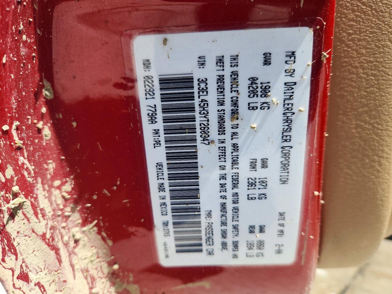2000 Chrysler Sebring Jx Red vin: 3C3EL45H3YT260947