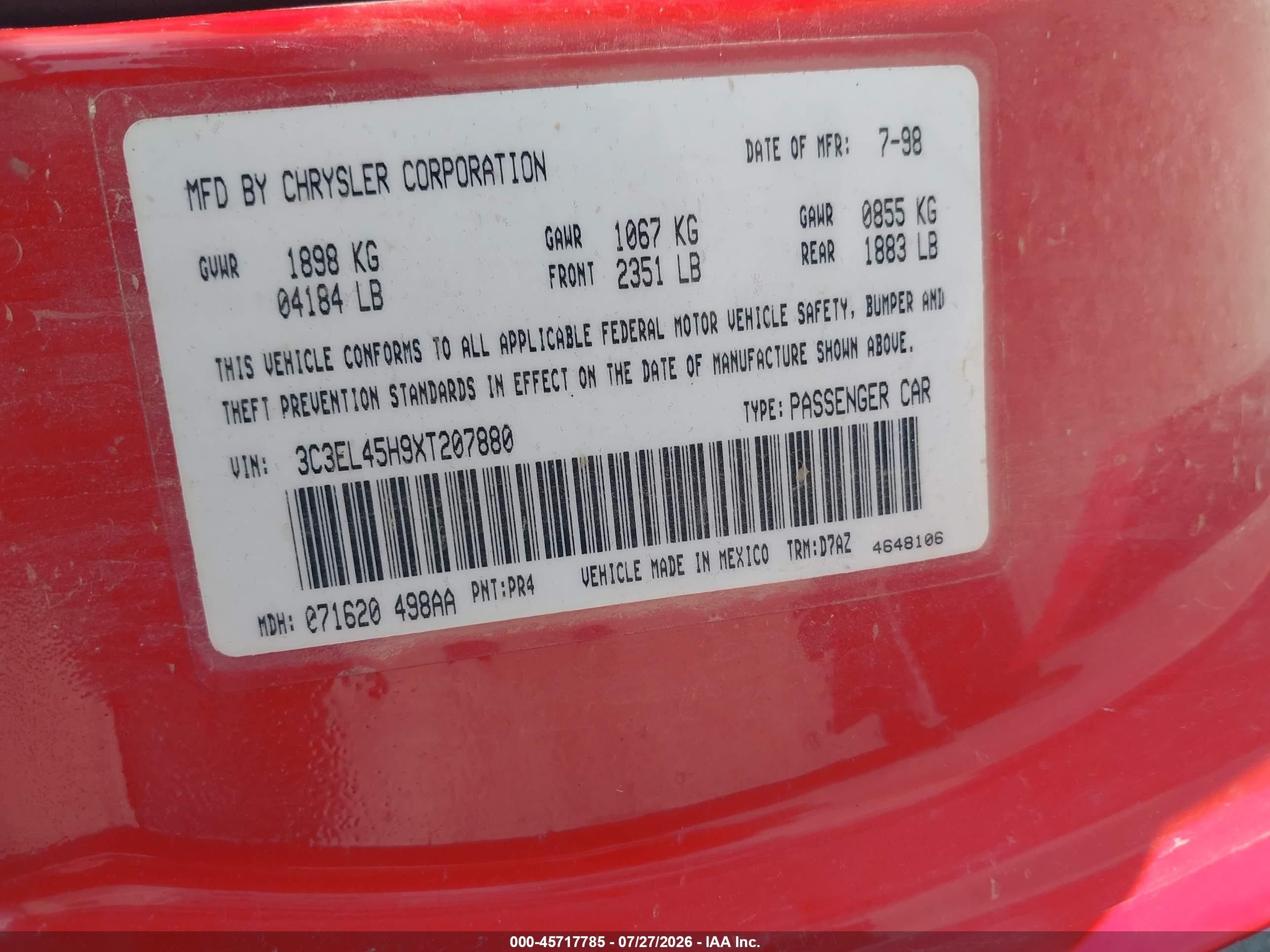 1999 Chrysler Sebring Jx Red vin: 3C3EL45H9XT207880