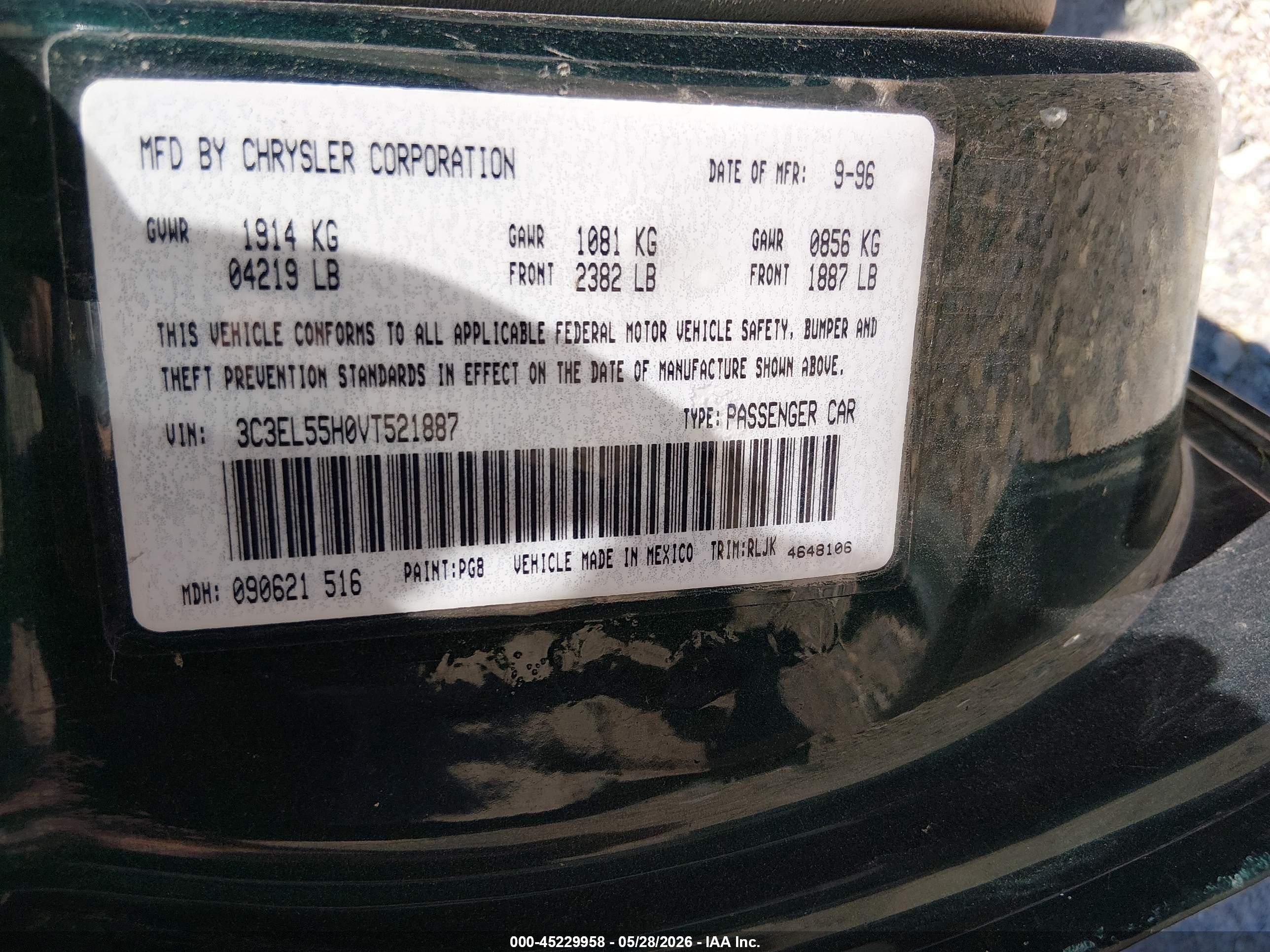1997 Chrysler Sebring Jxi Green vin: 3C3EL55H0VT521887
