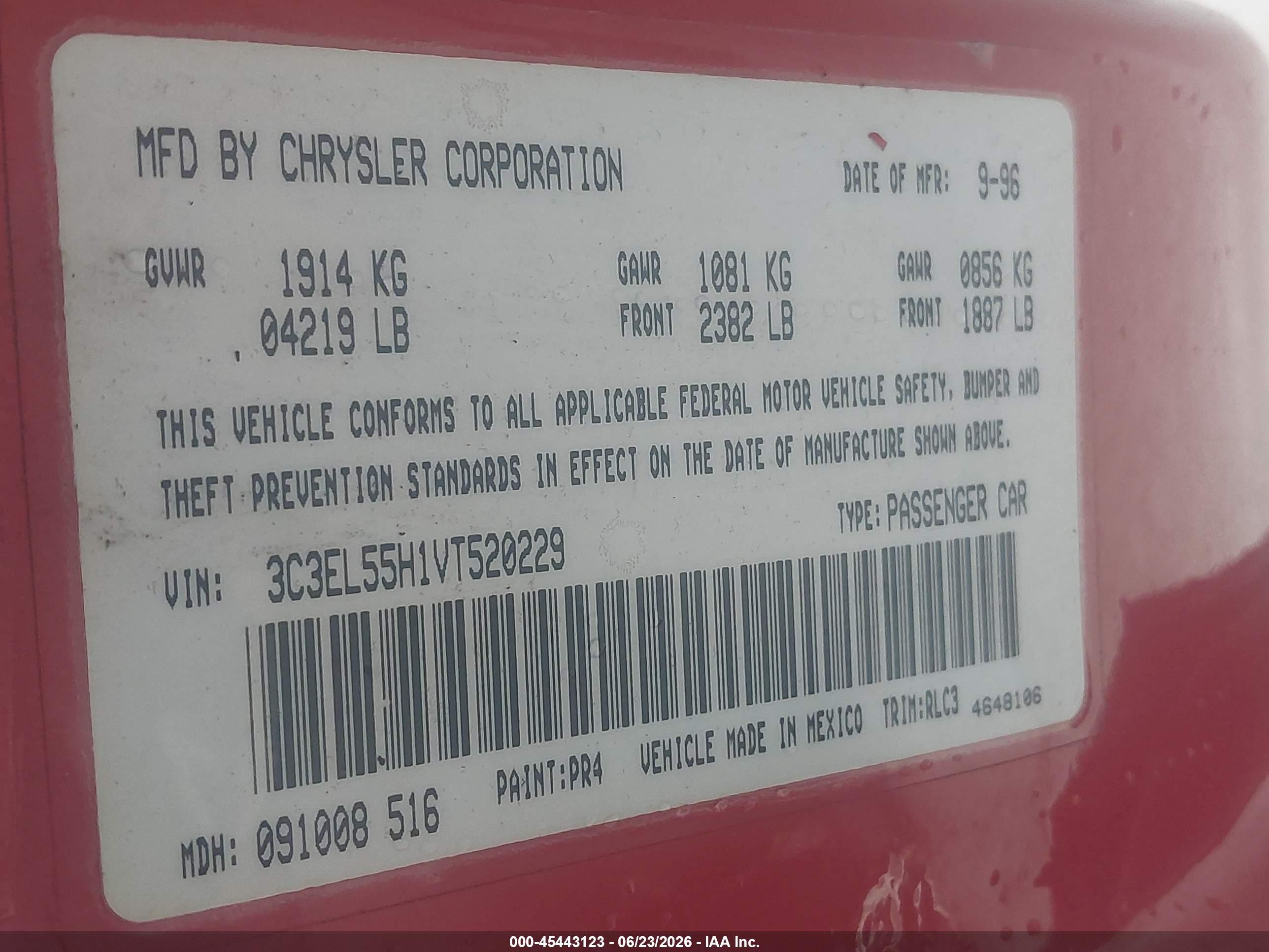 1997 Chrysler Sebring Jxi Red vin: 3C3EL55H1VT520229