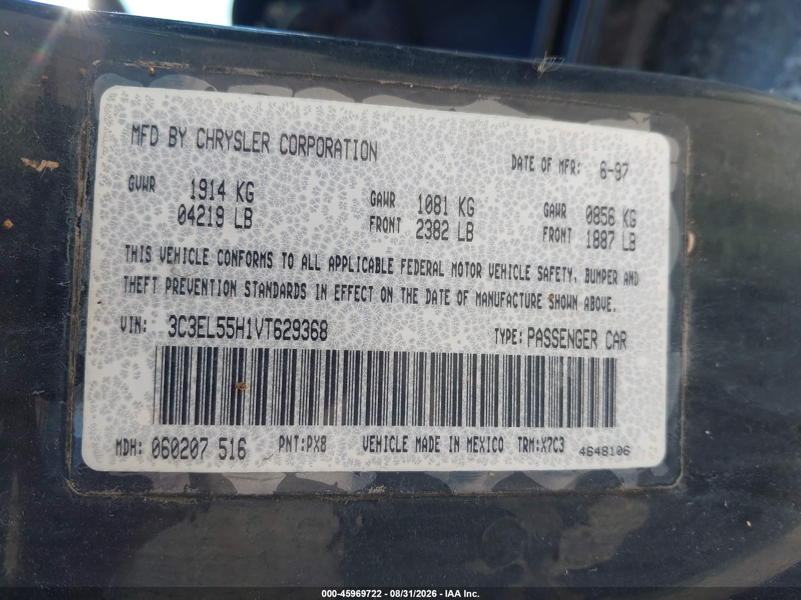 1997 Chrysler Sebring Jxi Black vin: 3C3EL55H1VT629368