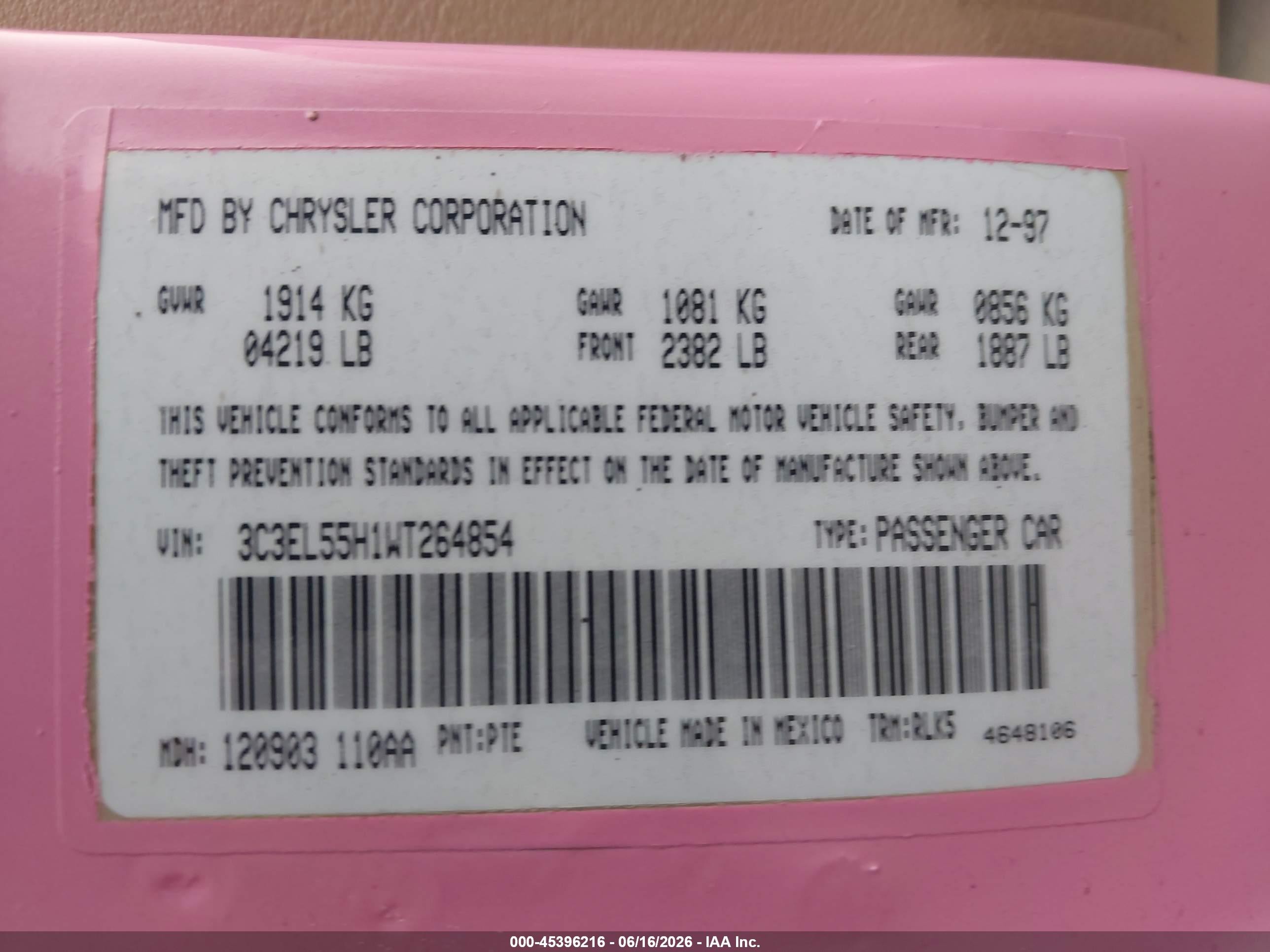 1998 Chrysler Sebring Jxi Pink vin: 3C3EL55H1WT264854
