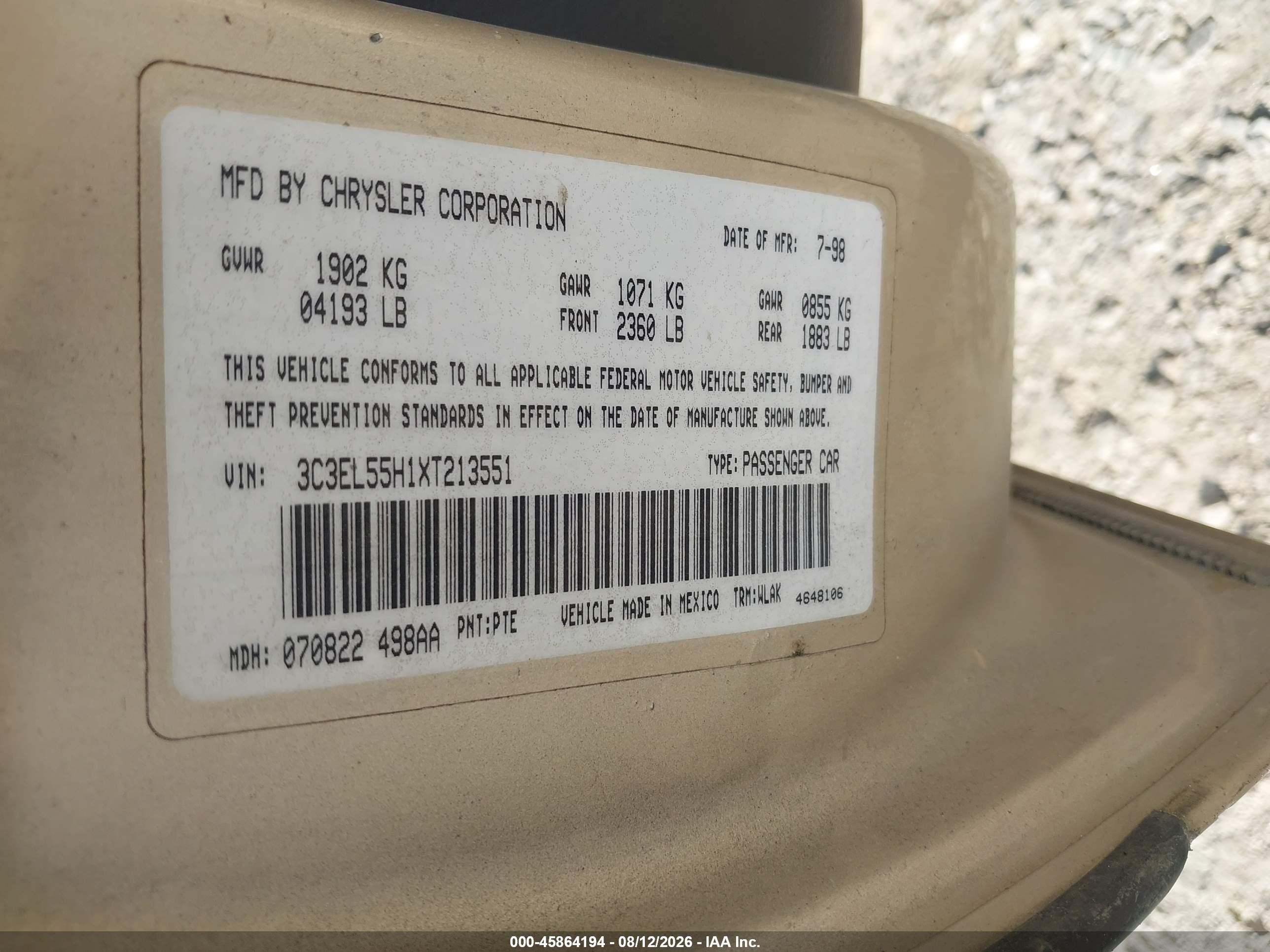 1999 Chrysler Sebring Jxi Gold vin: 3C3EL55H1XT213551
