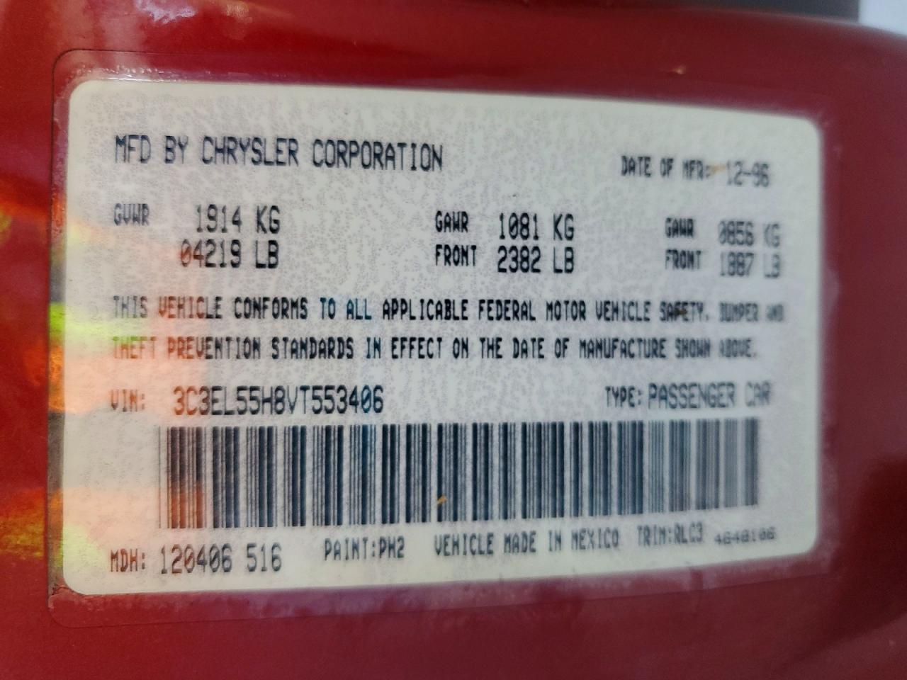 1997 Chrysler Sebring Jxi Red vin: 3C3EL55H8VT553406