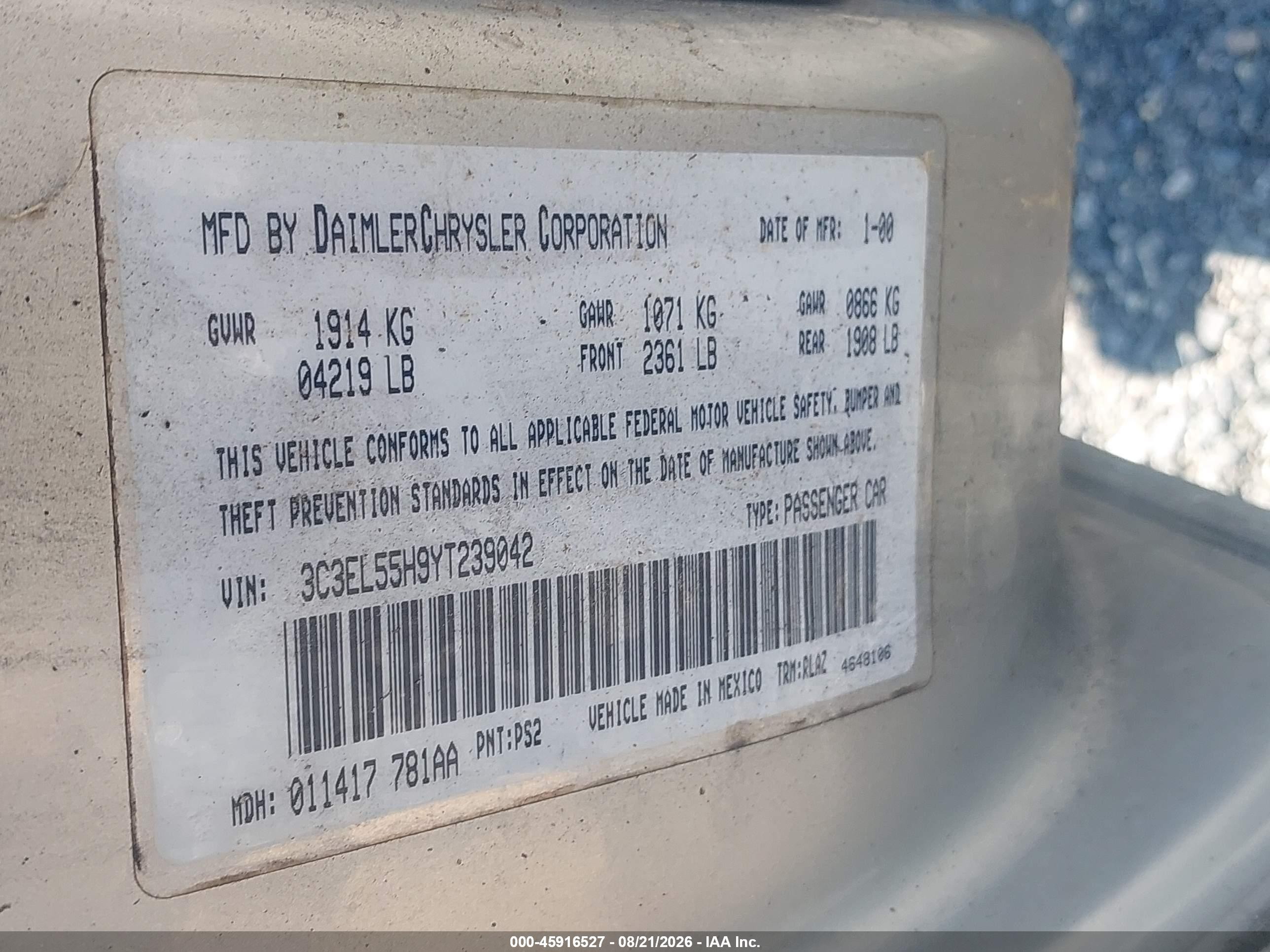2000 Chrysler Sebring Jxi Silver vin: 3C3EL55H9YT239042