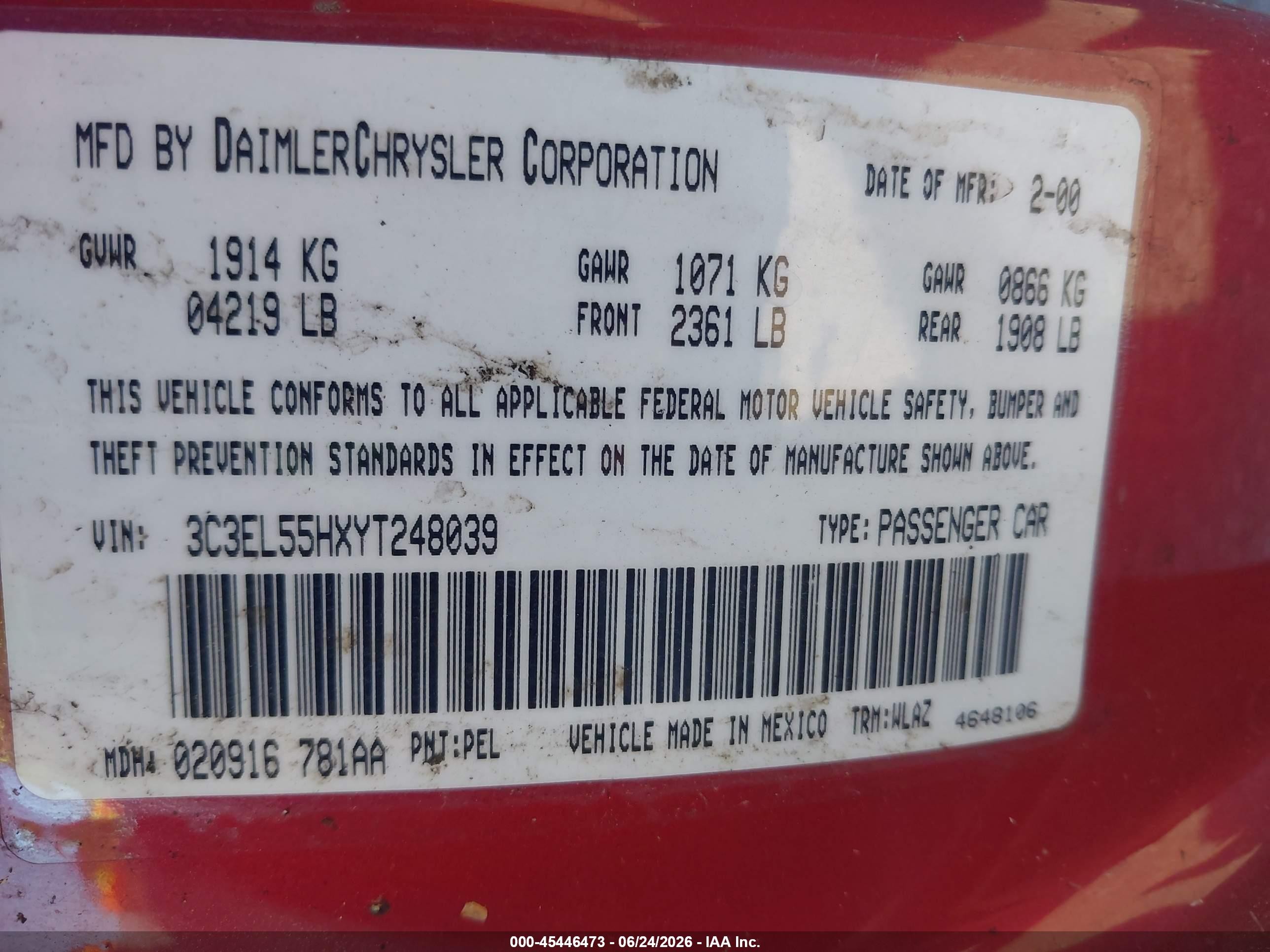 2000 Chrysler Sebring Jxi Red vin: 3C3EL55HXYT248039