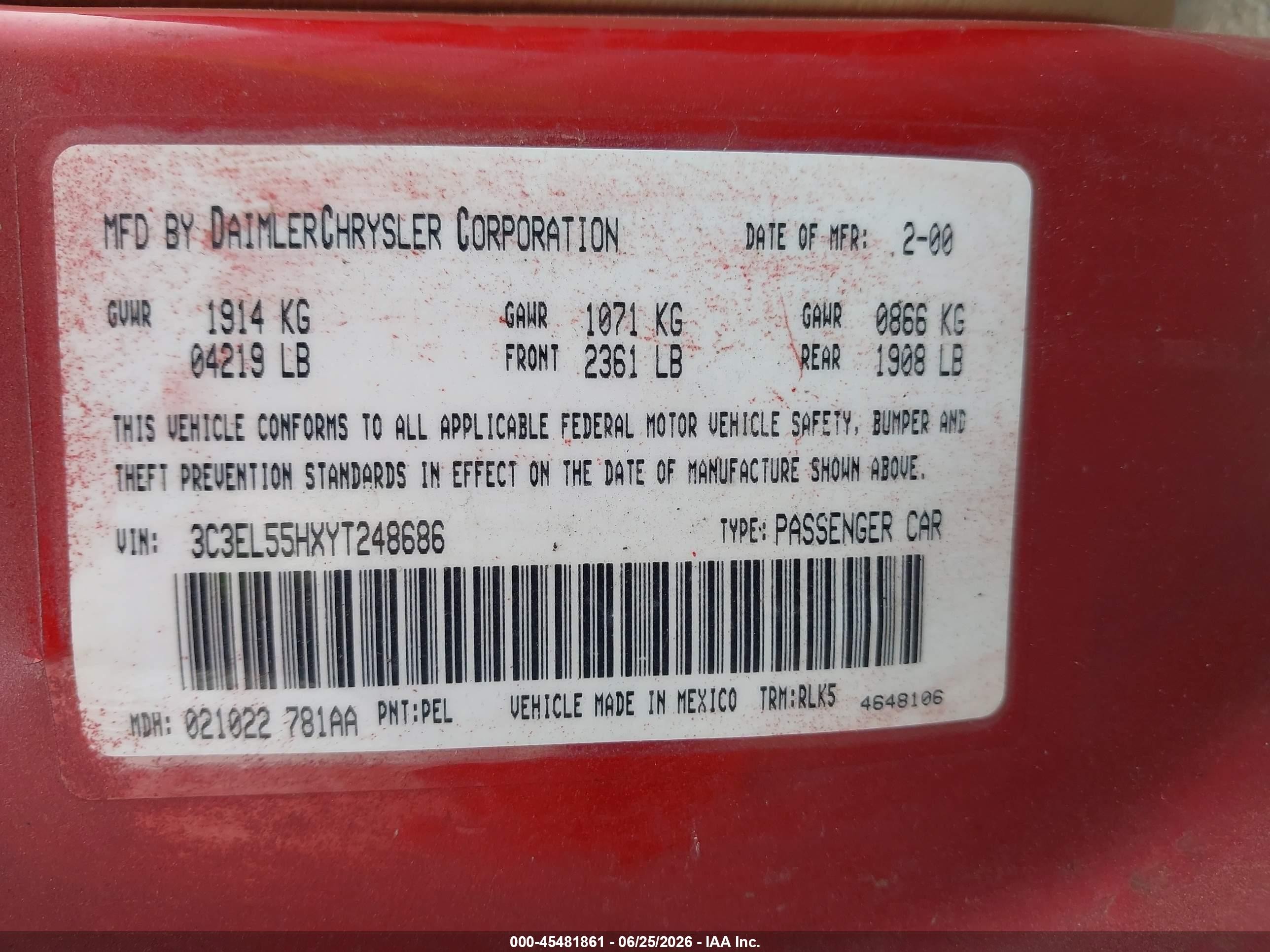 2000 Chrysler Sebring Jxi Red vin: 3C3EL55HXYT248686