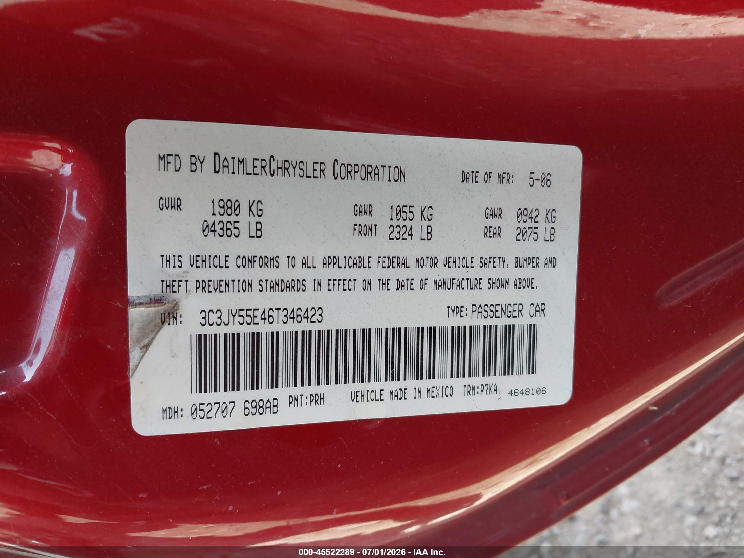 2006 Chrysler Pt Cruiser Touring Red vin: 3C3JY55E46T346423