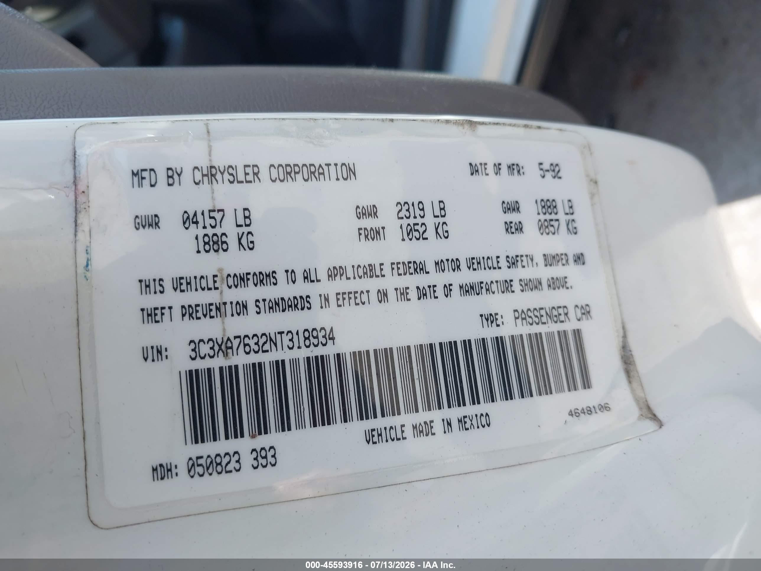 1992 Chrysler Lebaron Lx A-body White vin: 3C3XA7632NT318934