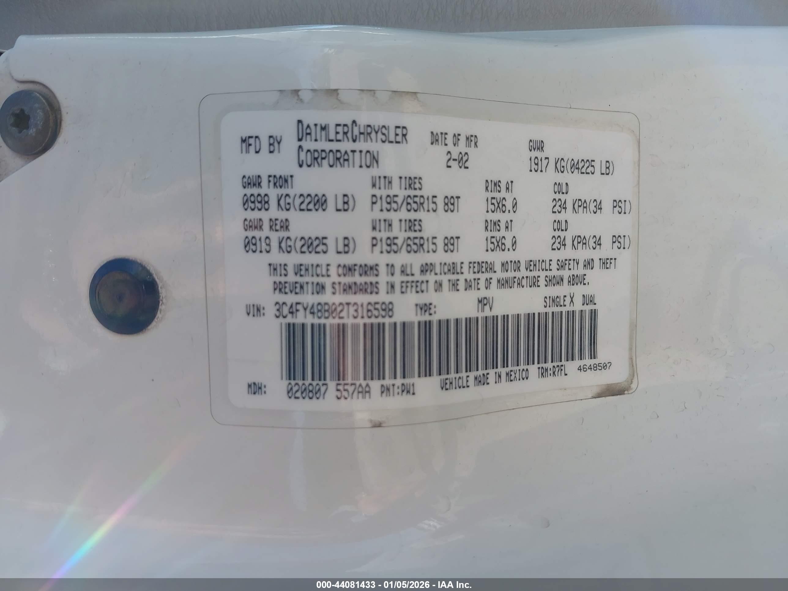 2002 Chrysler Pt Cruiser   Белый vin: 3C4FY48B02T316598