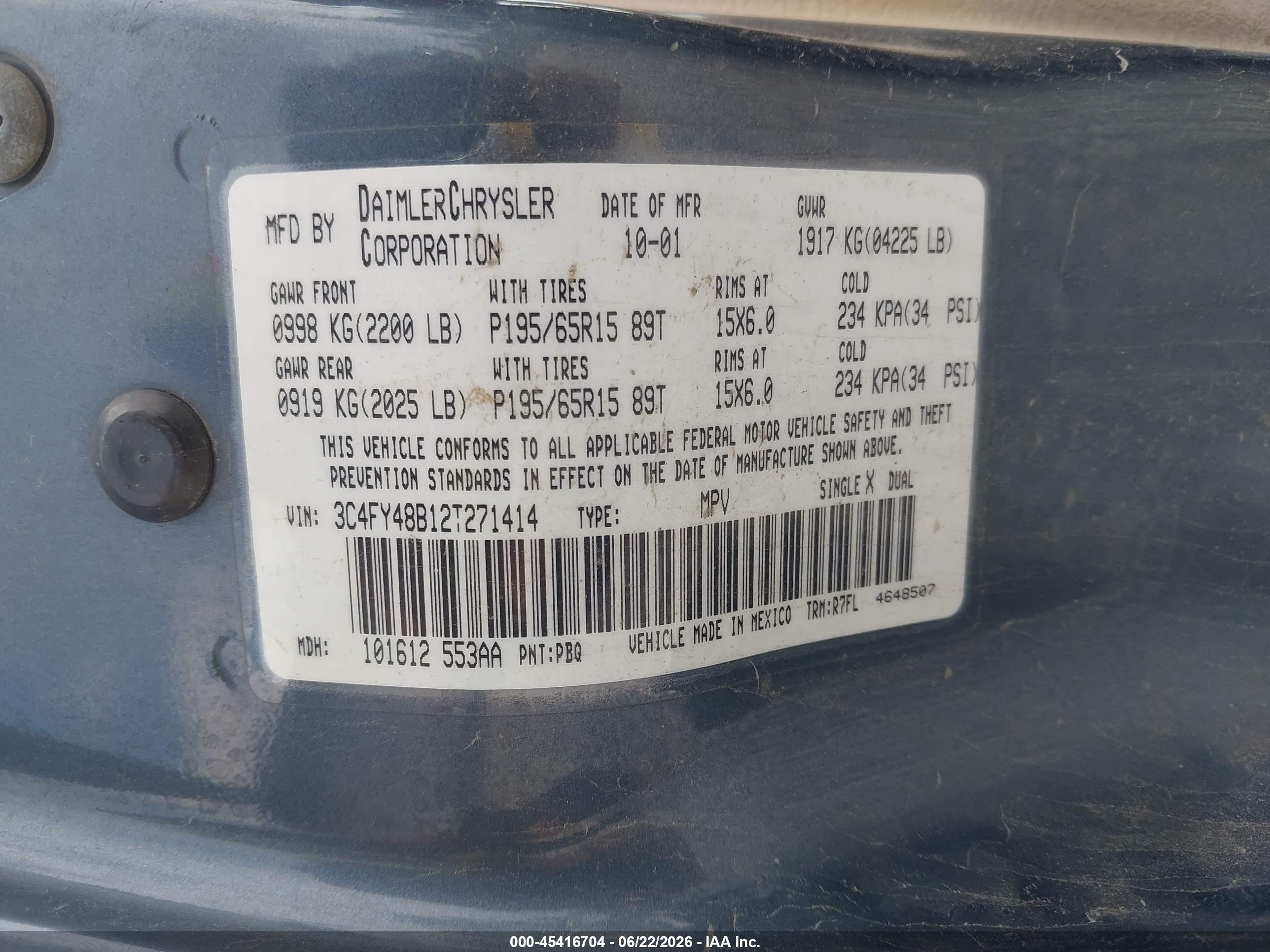 2002 Chrysler Pt Cruiser   Синий vin: 3C4FY48B12T271414