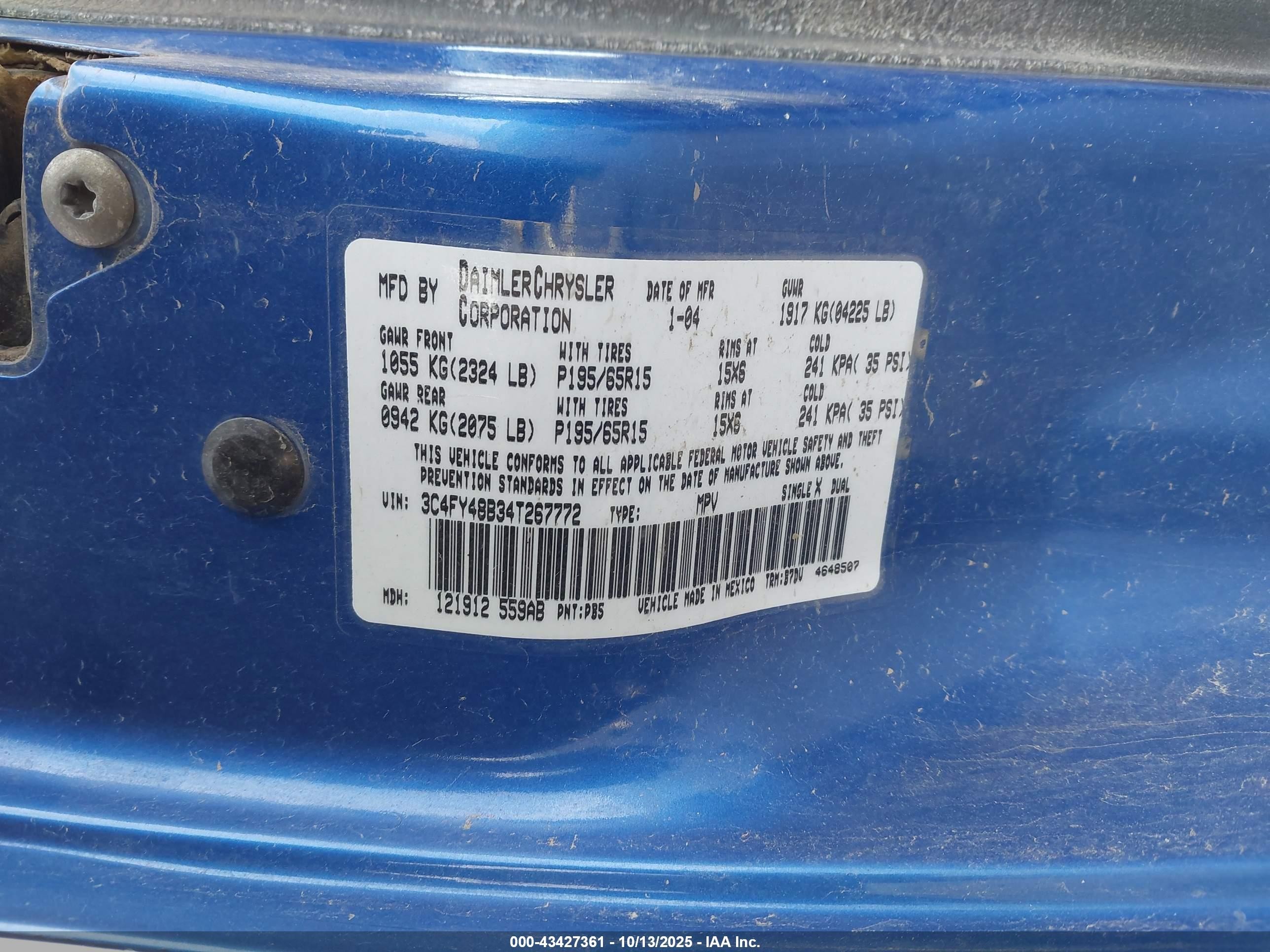 2004 Chrysler Pt Cruiser   Blue vin: 3C4FY48B34T267772