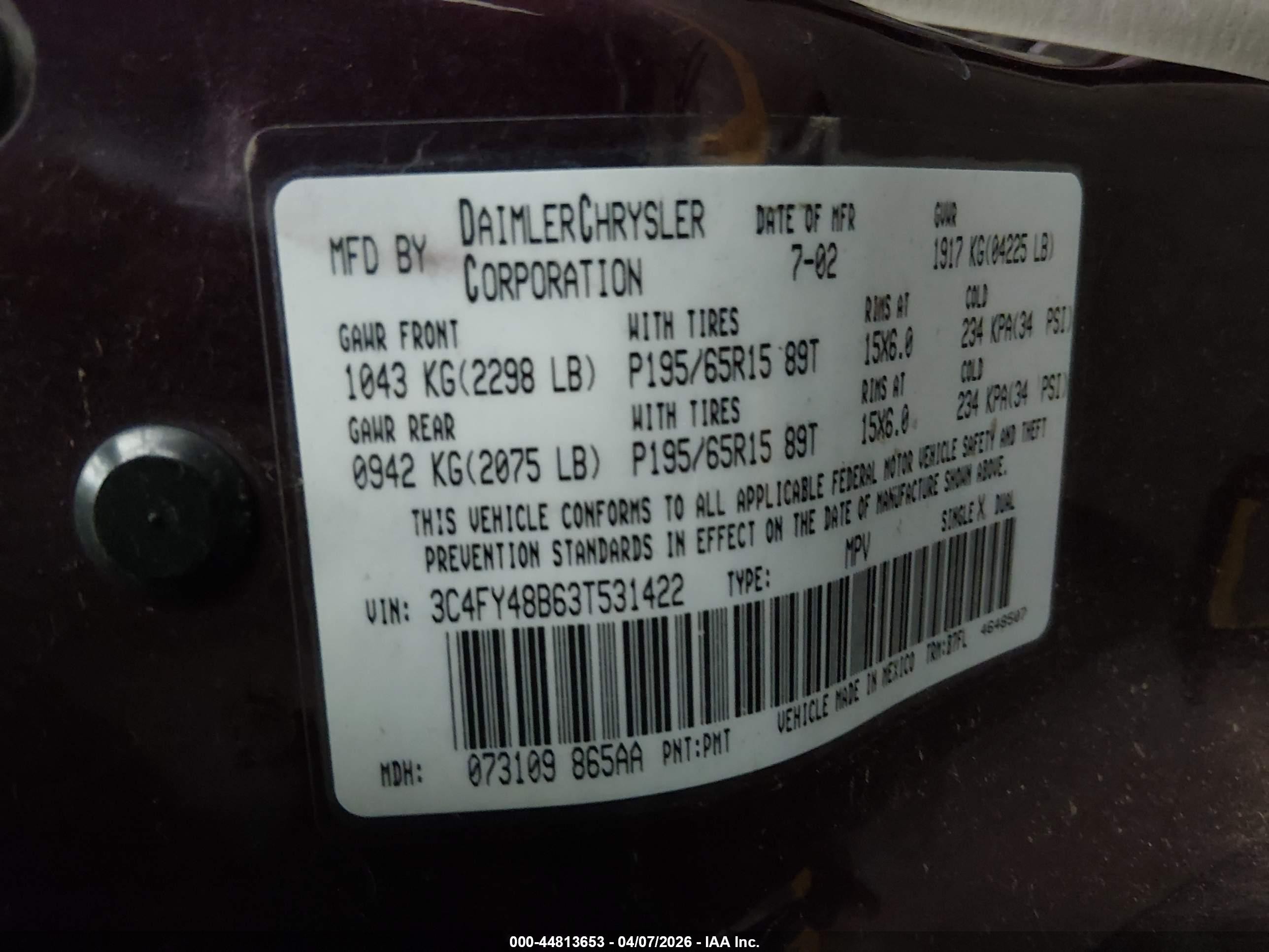 2003 Chrysler Pt Cruiser   Burgundy vin: 3C4FY48B63T531422