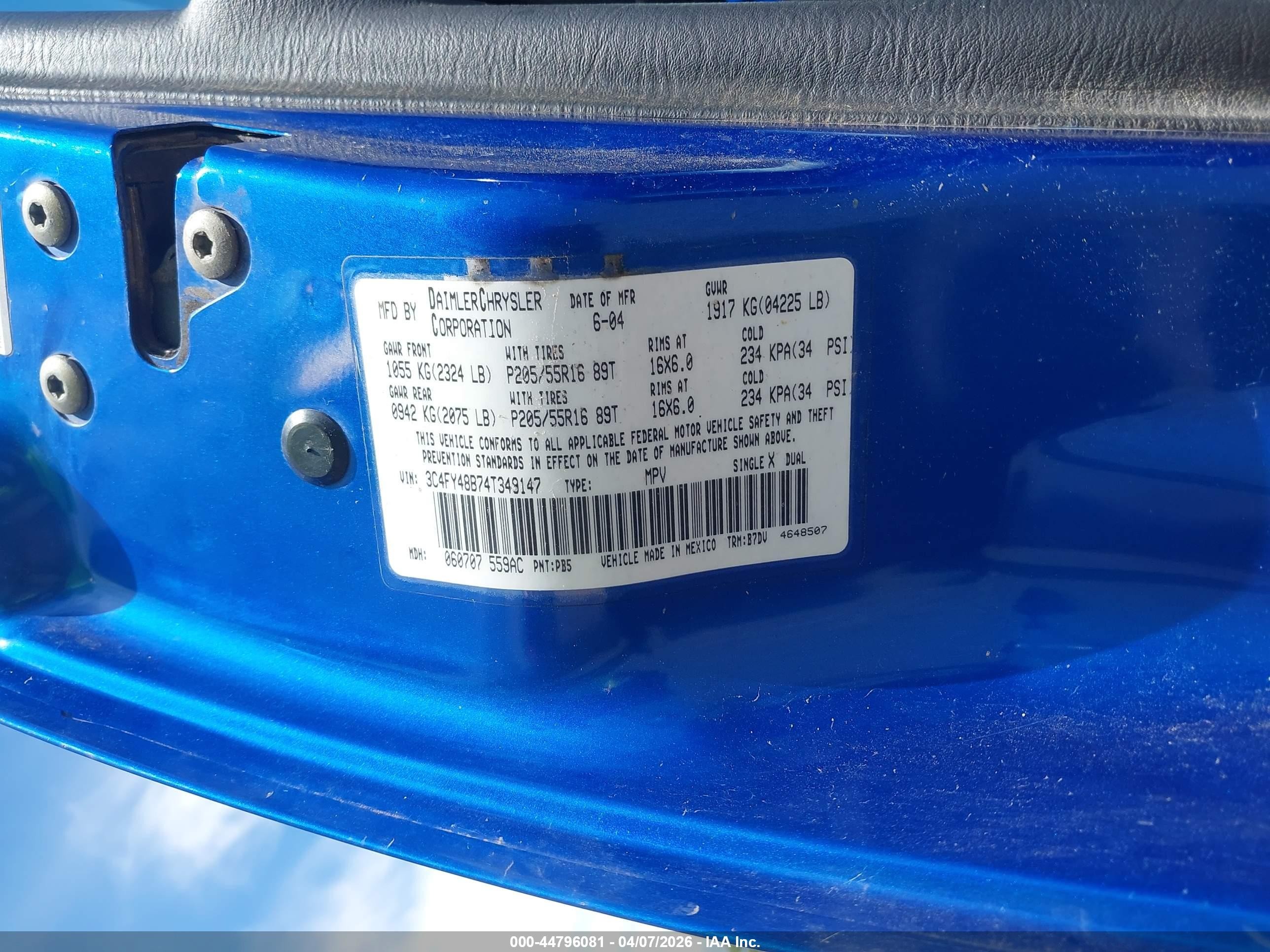 2004 Chrysler Pt Cruiser   Blue vin: 3C4FY48B74T349147