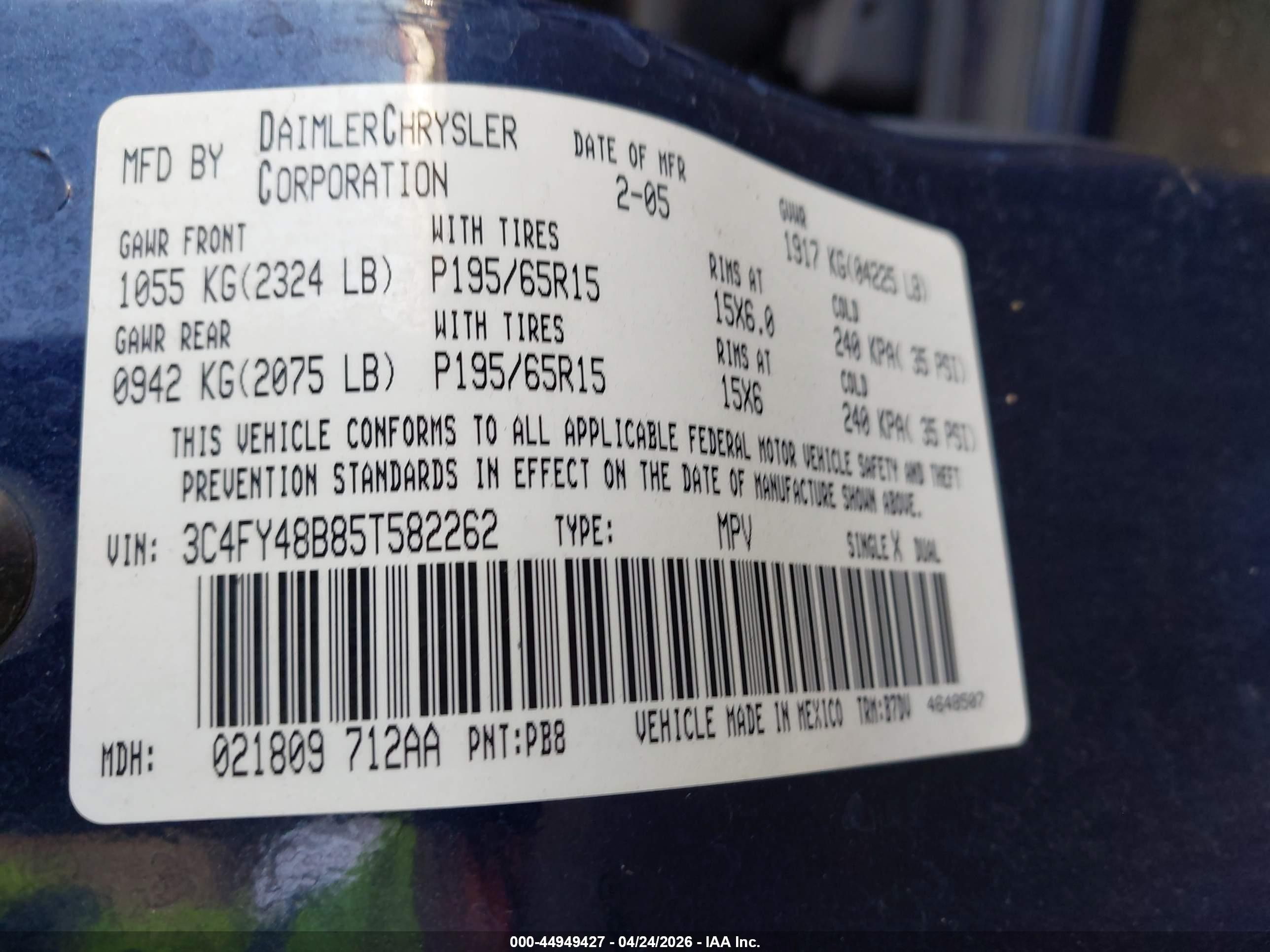 2005 Chrysler Pt Cruiser   Blue vin: 3C4FY48B85T582262