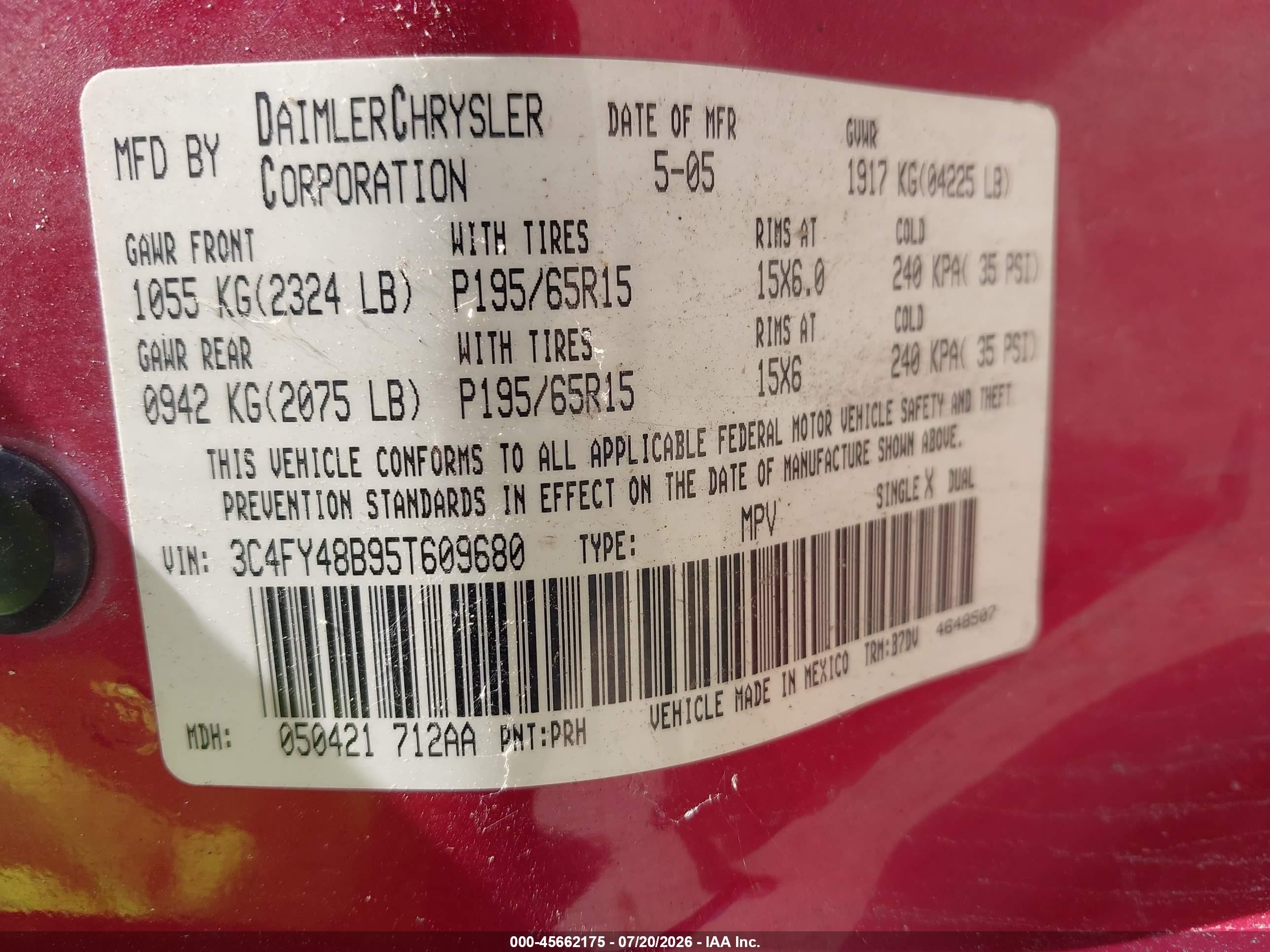 2005 Chrysler Pt Cruiser   Red vin: 3C4FY48B95T609680