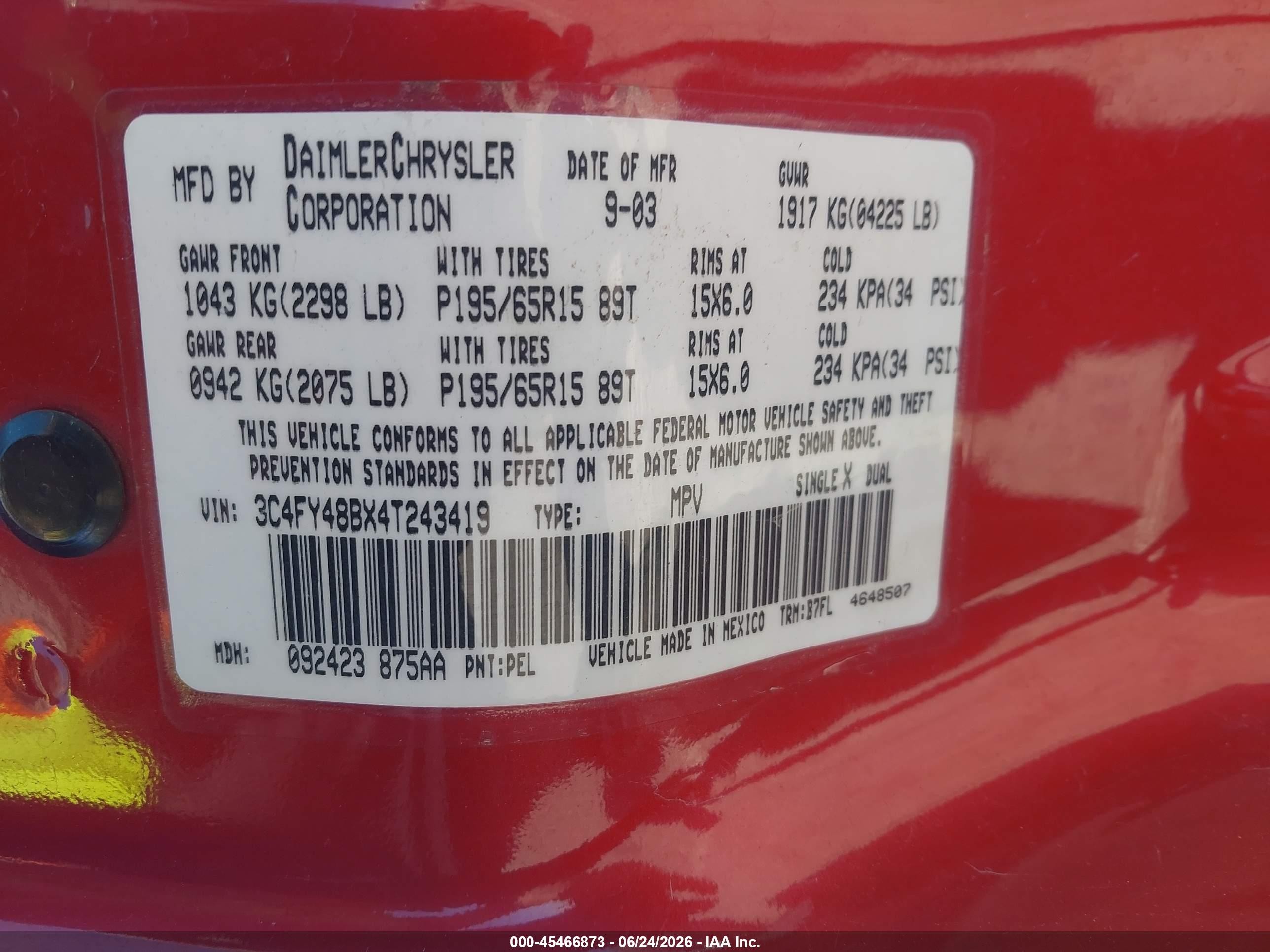2004 Chrysler Pt Cruiser   Red vin: 3C4FY48BX4T243419