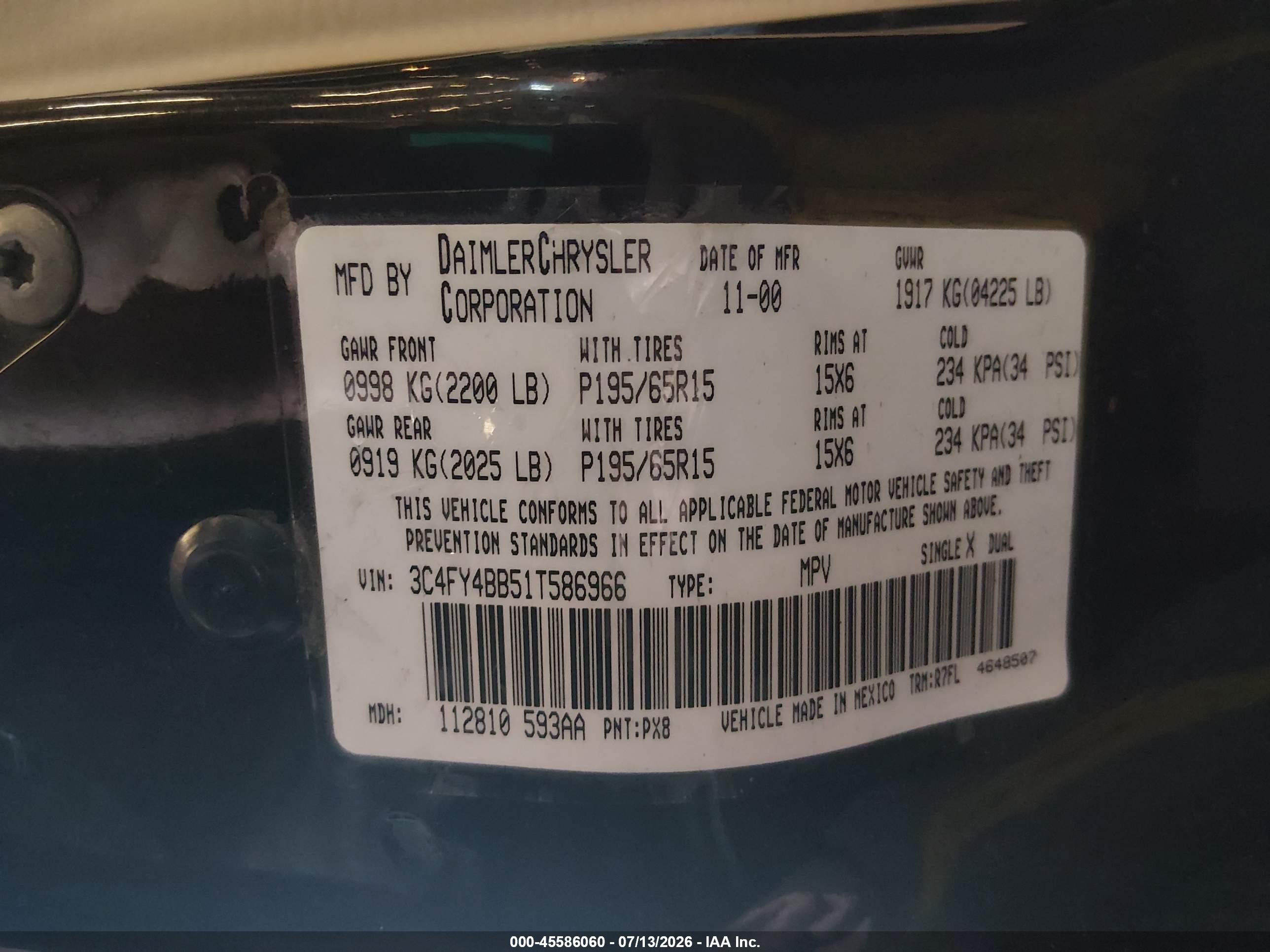 2001 Chrysler Pt Cruiser   Black vin: 3C4FY4BB51T586966