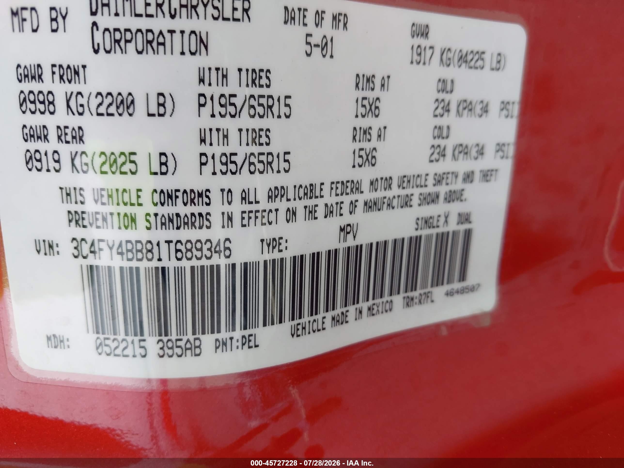 2001 Chrysler Pt Cruiser   Red vin: 3C4FY4BB81T689346