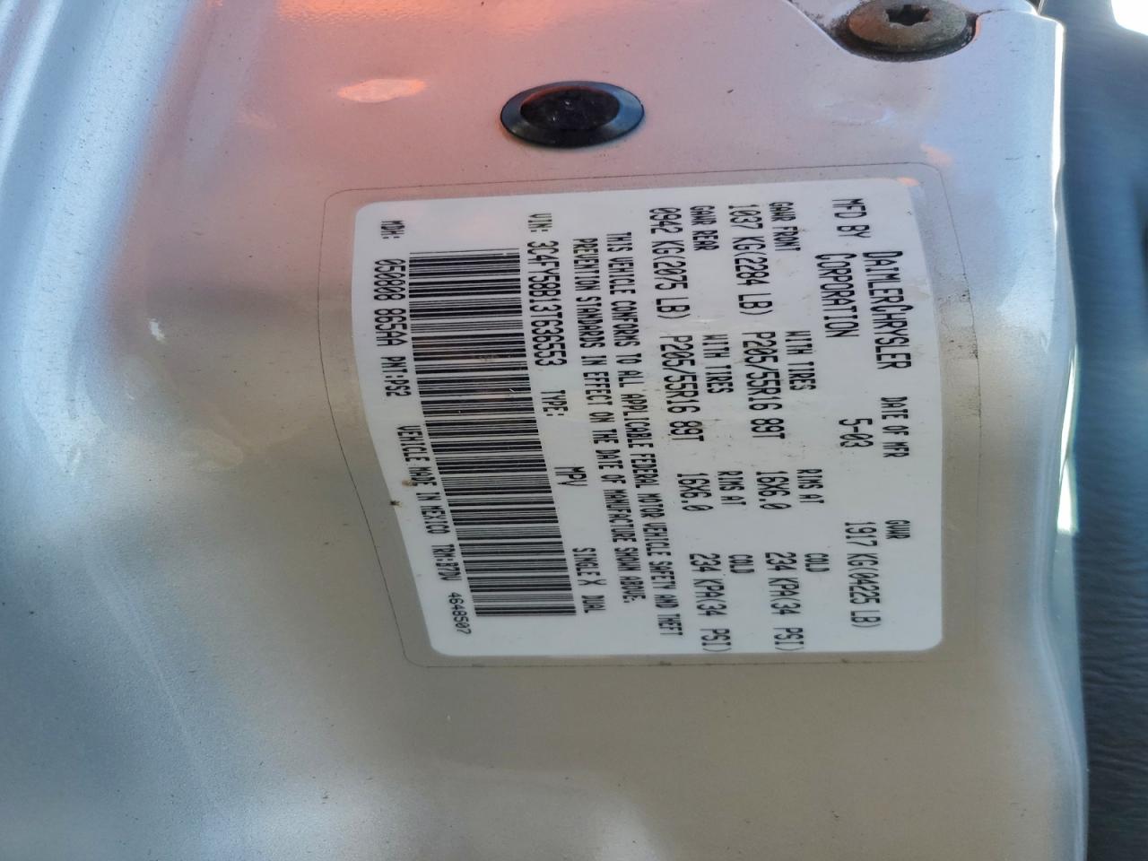 2003 Chrysler Pt Cruiser Touring Silver vin: 3C4FY58B13T636553