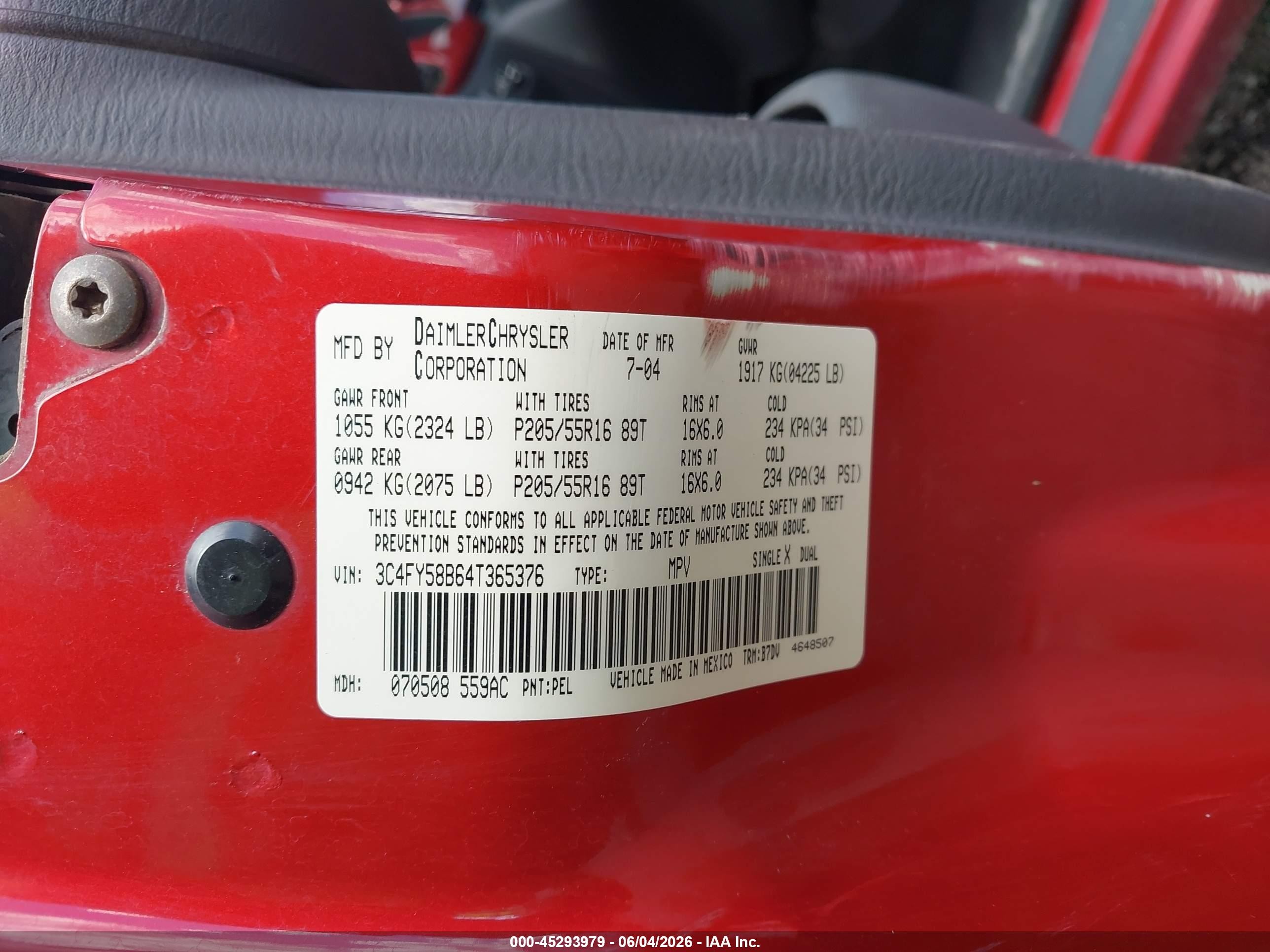2004 Chrysler Pt Cruiser Touring Red vin: 3C4FY58B64T365376