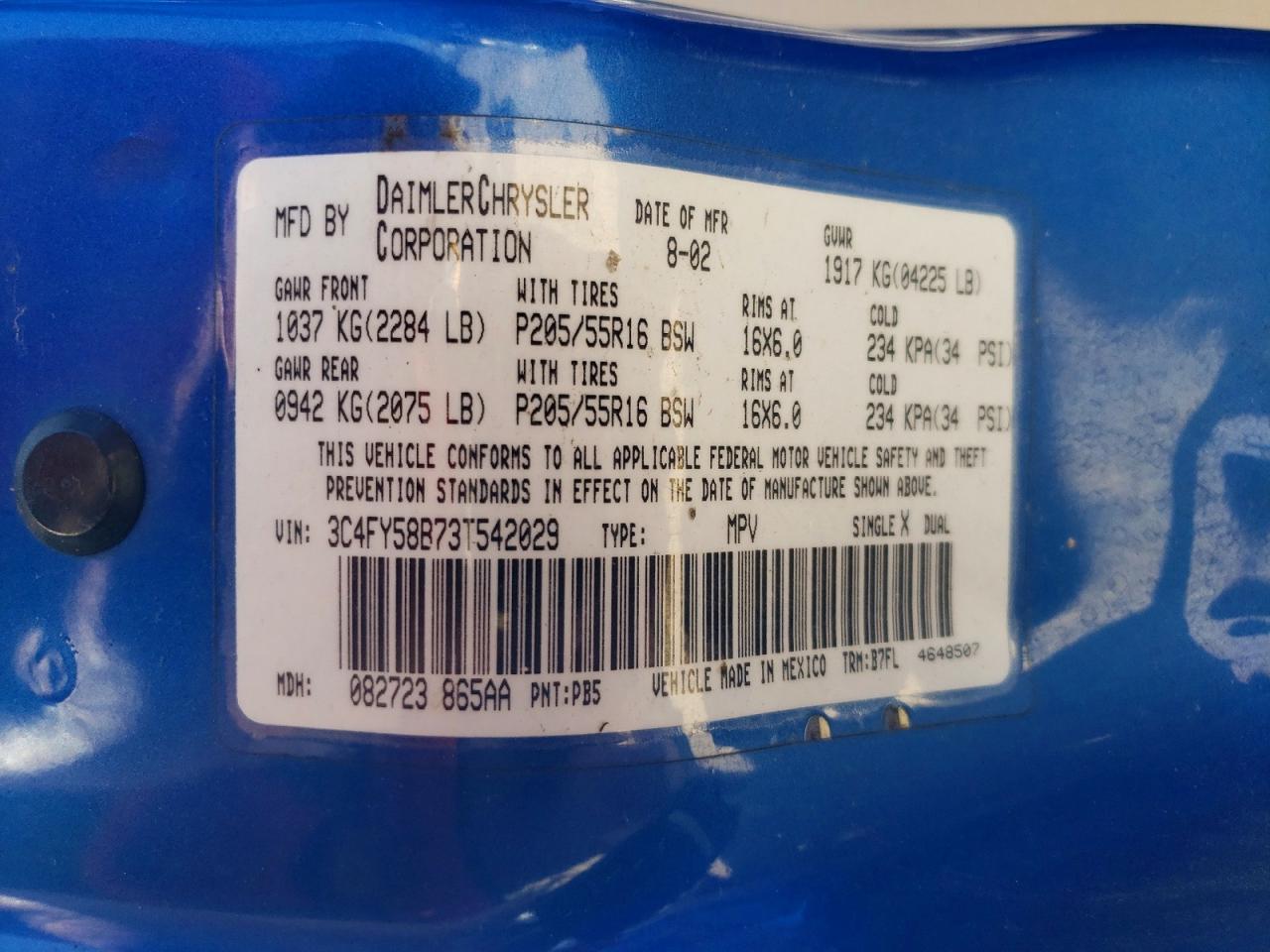 2003 Chrysler Pt Cruiser Touring Blue vin: 3C4FY58B73T542029