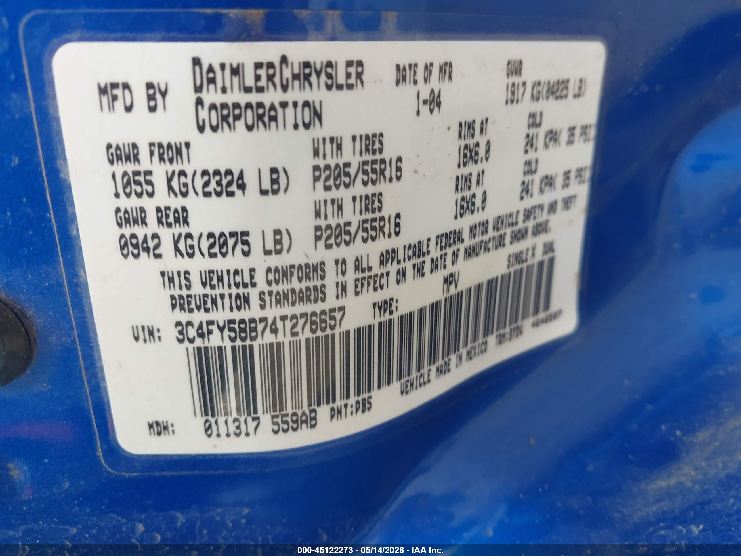 2004 Chrysler Pt Cruiser Touring Blue vin: 3C4FY58B74T276657