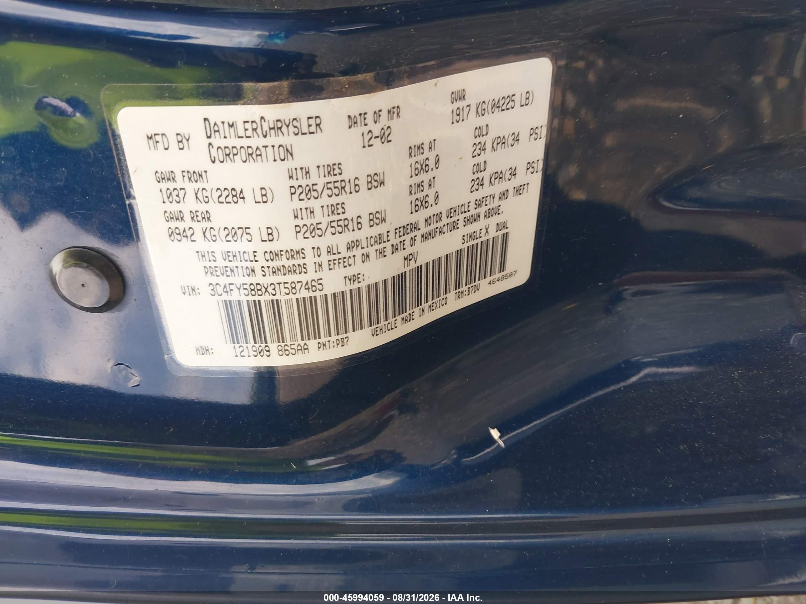 2003 Chrysler Pt Cruiser Touring Blue vin: 3C4FY58BX3T587465