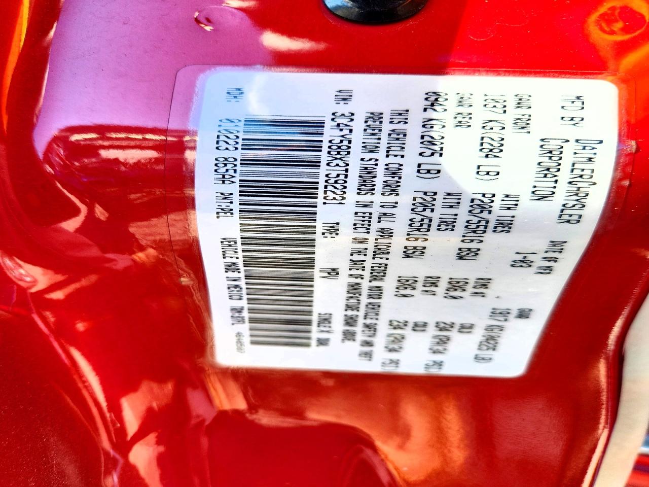 2003 Chrysler Pt Cruiser Touring Red vin: 3C4FY58BX3T592231