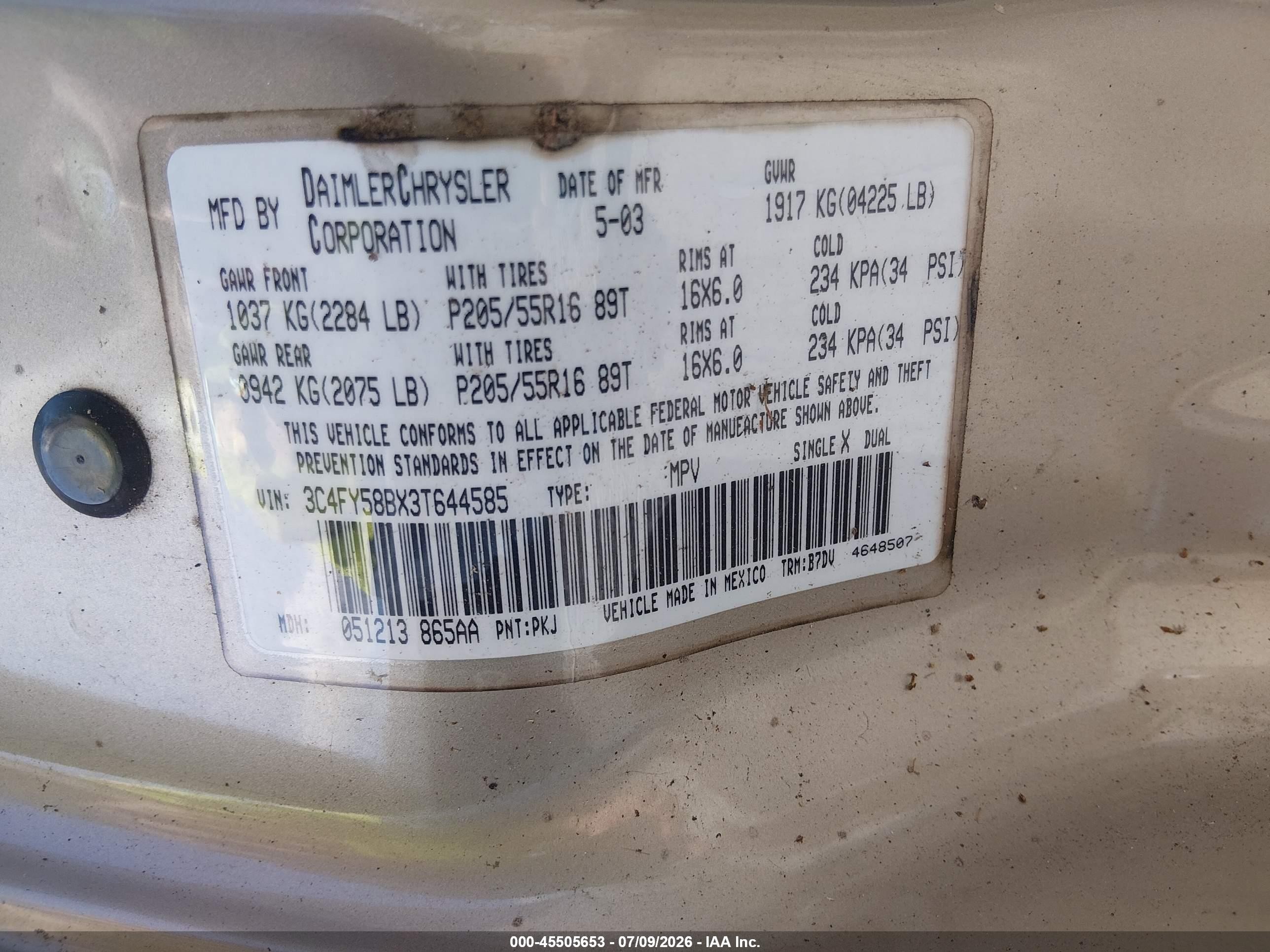 2003 Chrysler Pt Cruiser Touring Gold vin: 3C4FY58BX3T644585