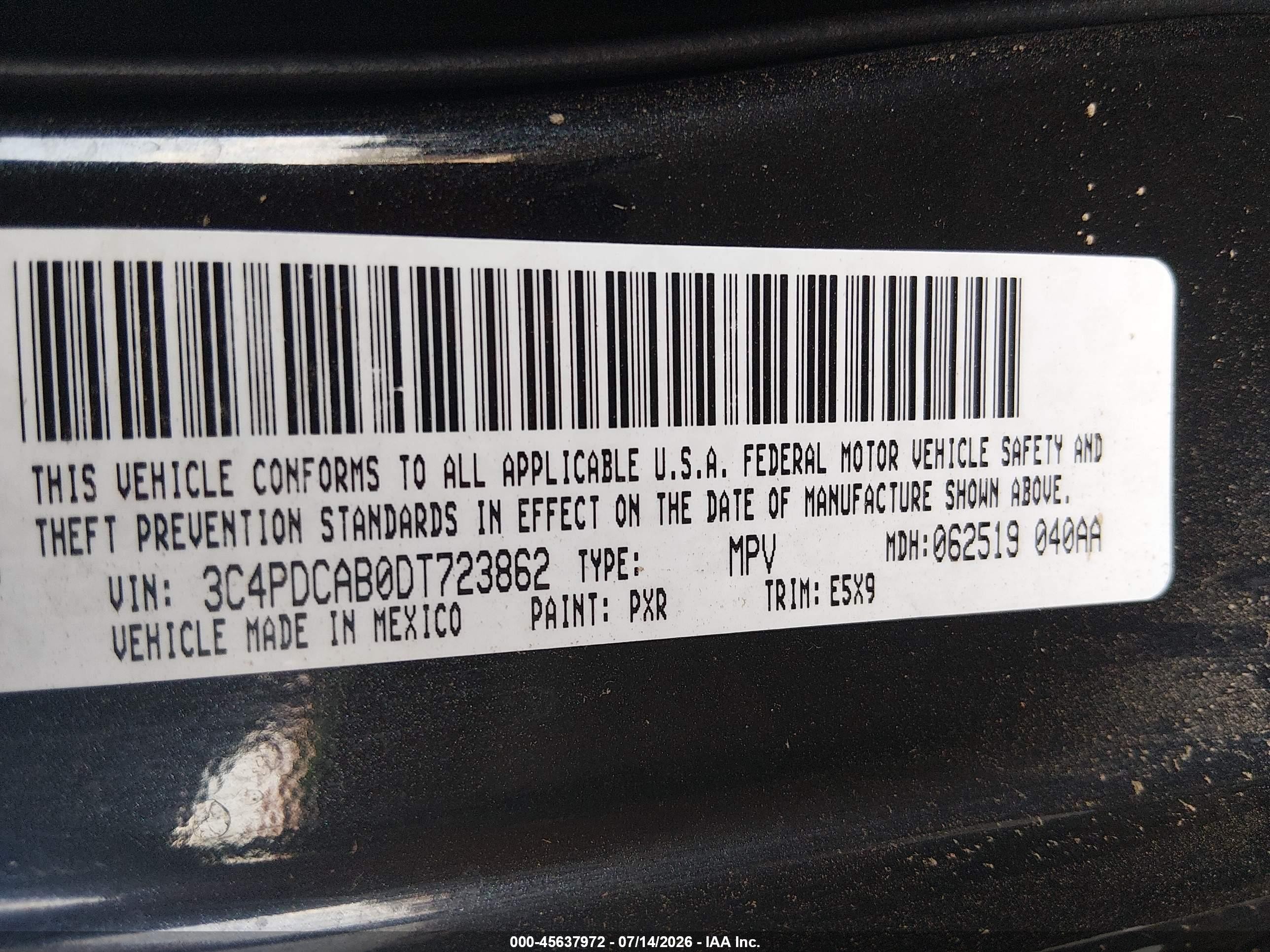 2013 Dodge Journey American Value Pkg Black vin: 3C4PDCAB0DT723862