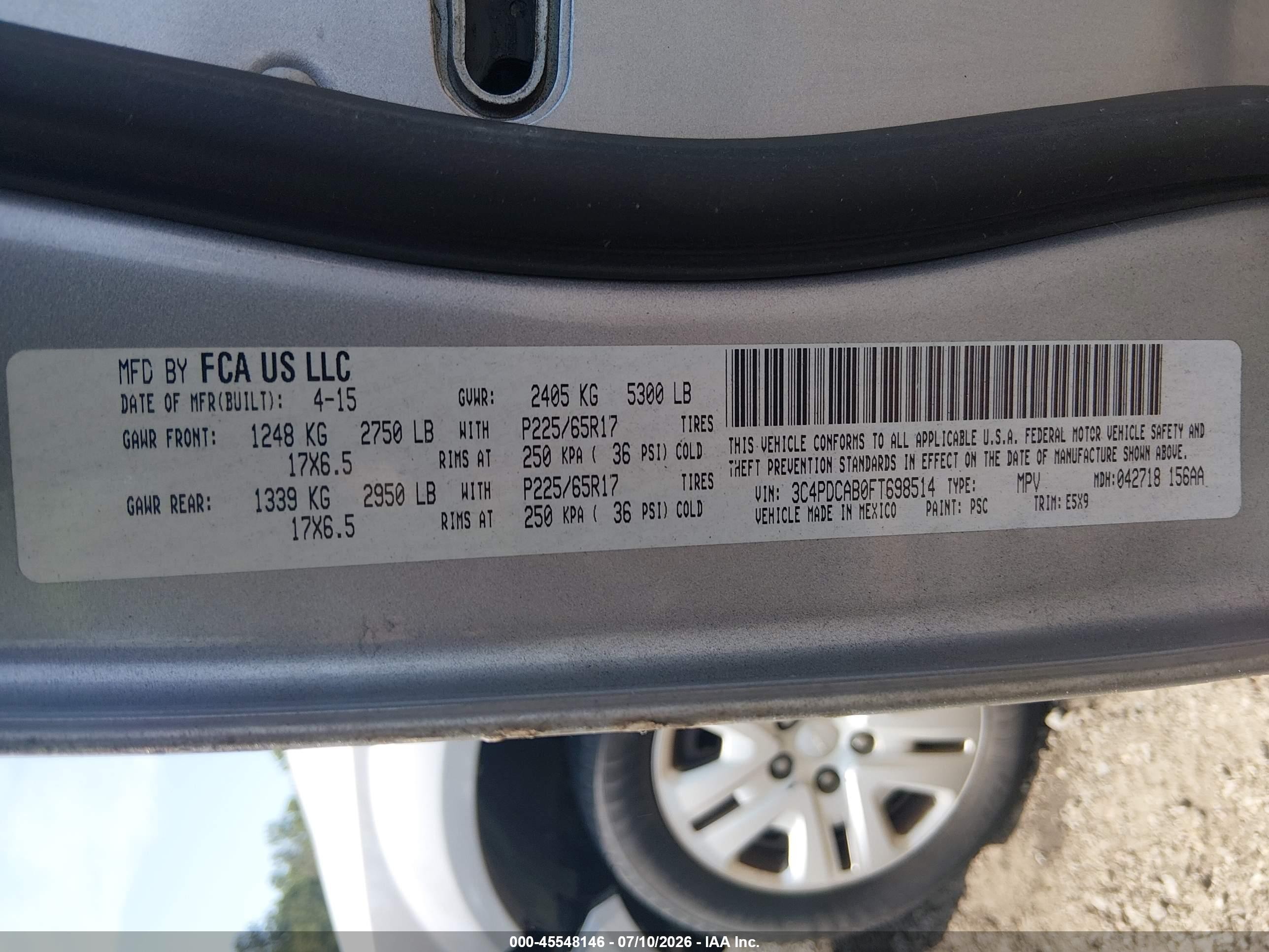 2015 Dodge Journey American Value Pkg Gray vin: 3C4PDCAB0FT698514