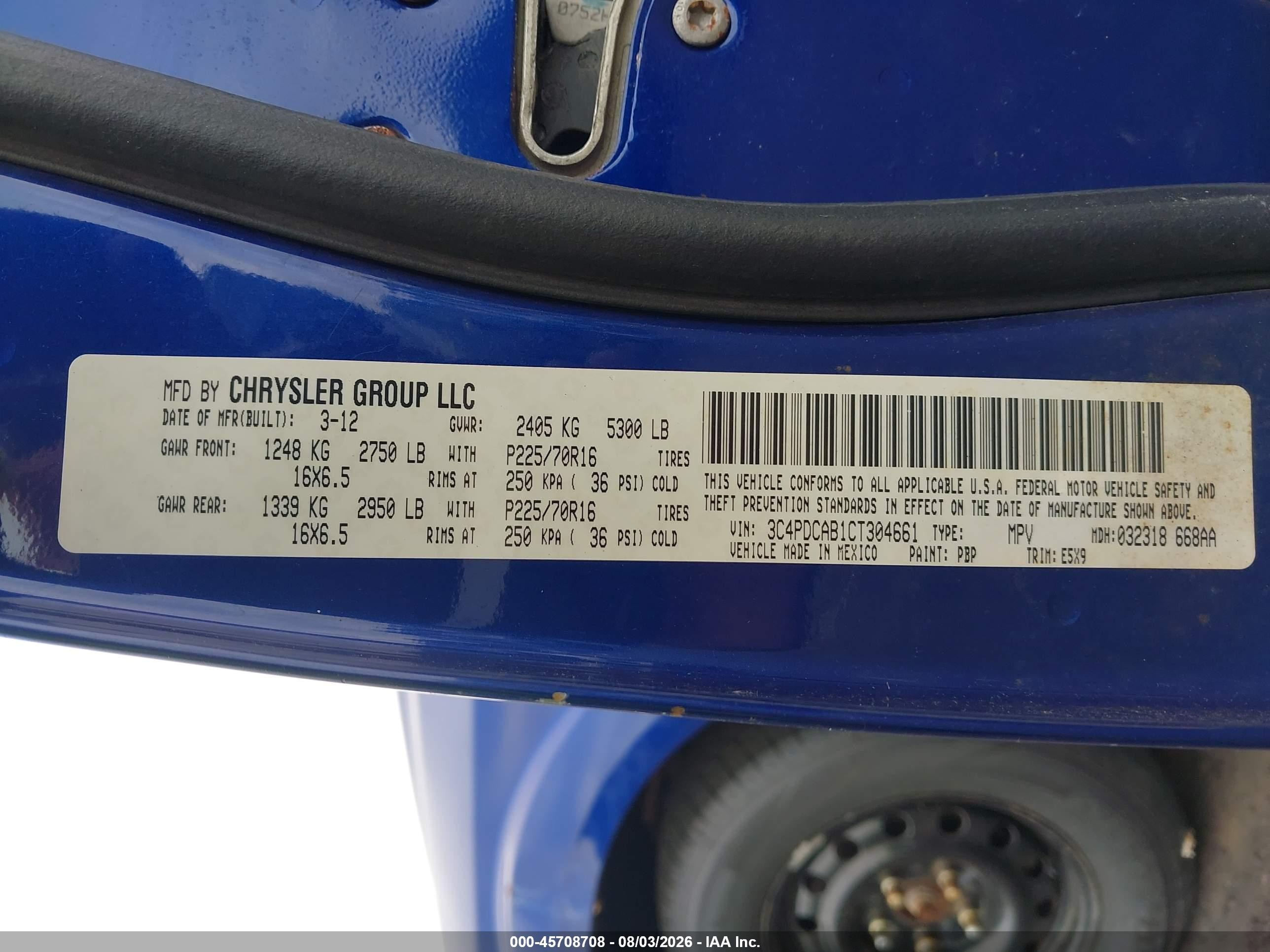 2012 Dodge Journey Se/avp Blue vin: 3C4PDCAB1CT304661
