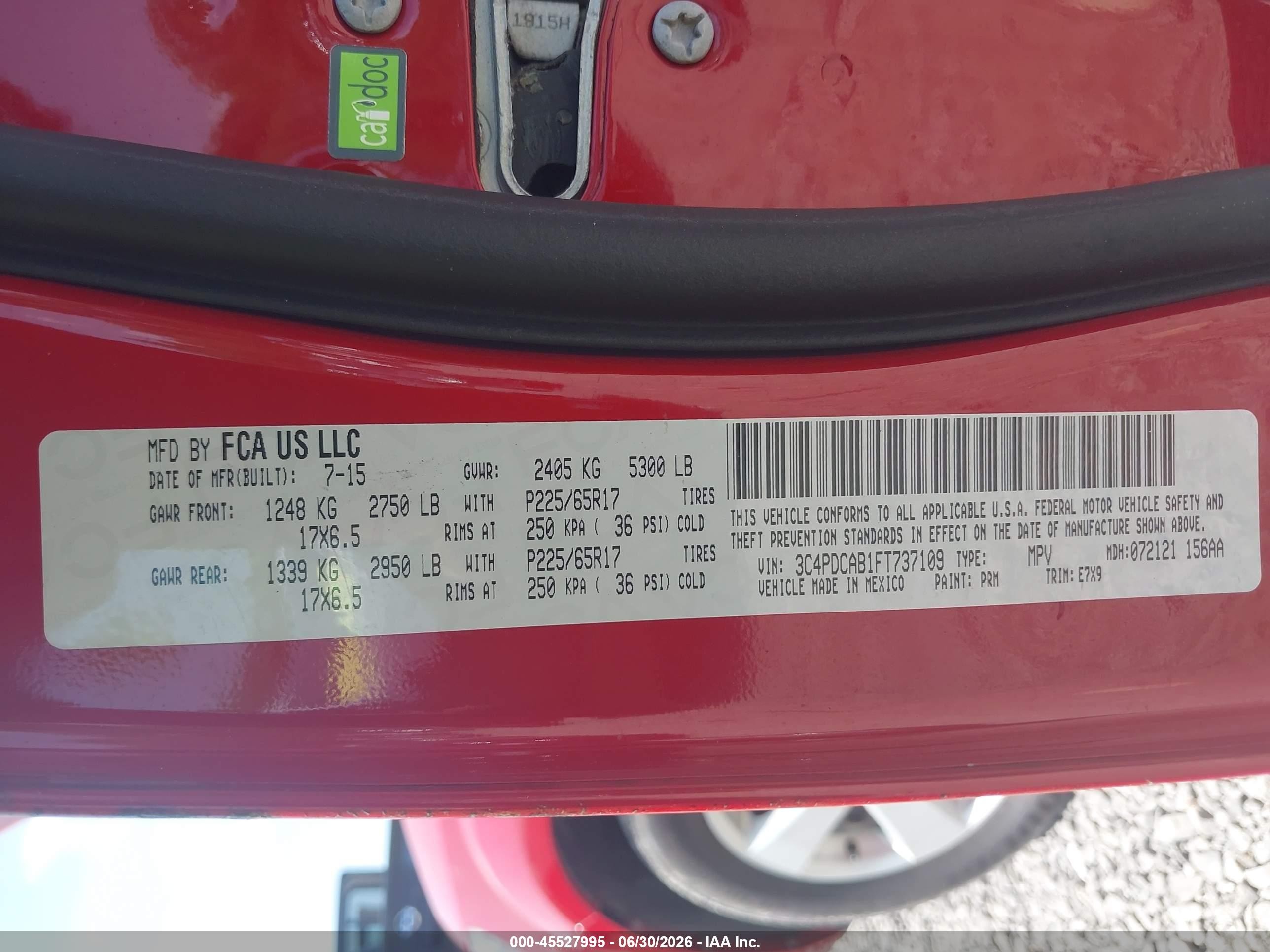 2015 Dodge Journey Se Red vin: 3C4PDCAB1FT737109