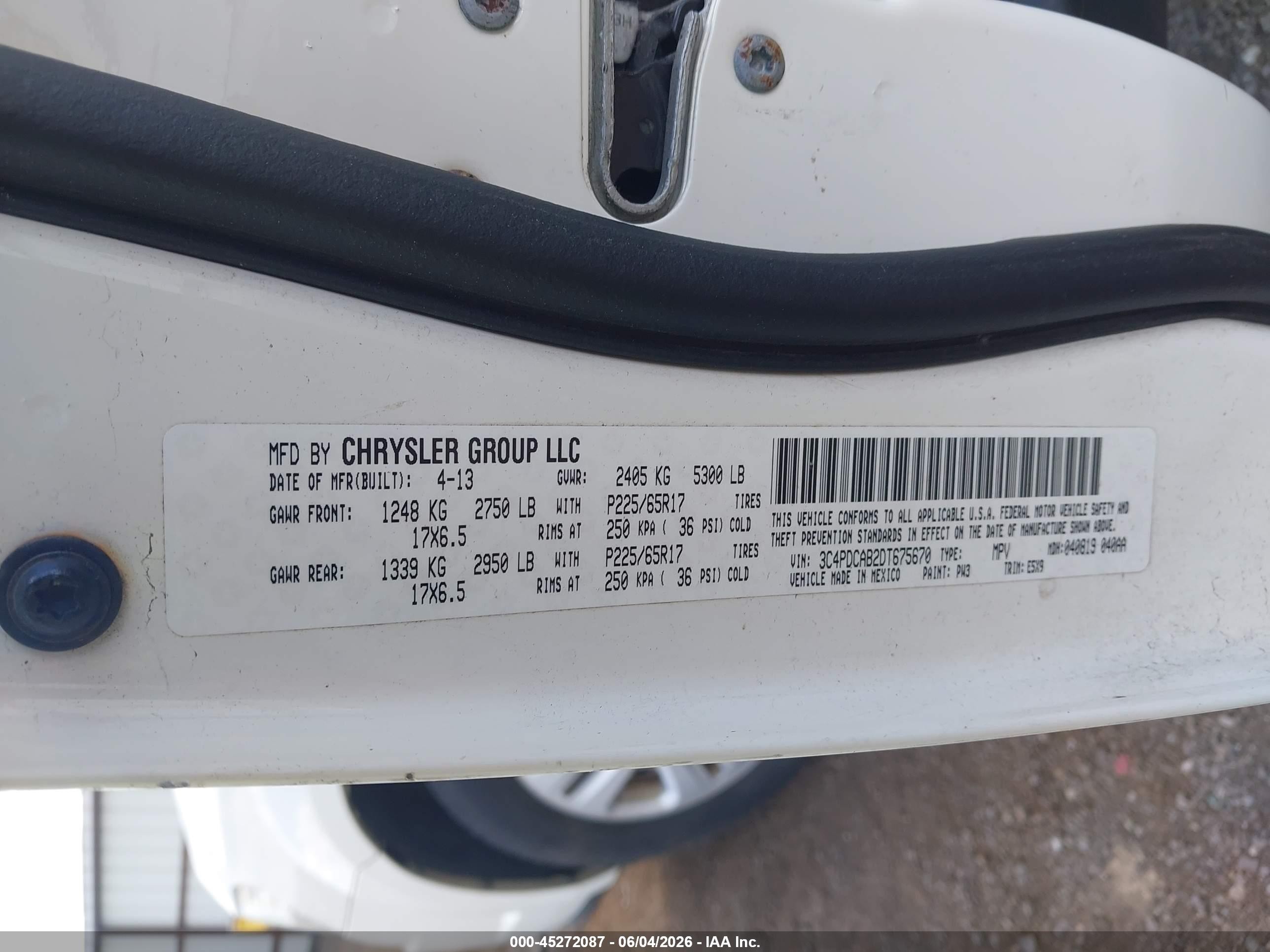 2013 Dodge Journey American Value Pkg White vin: 3C4PDCAB2DT675670