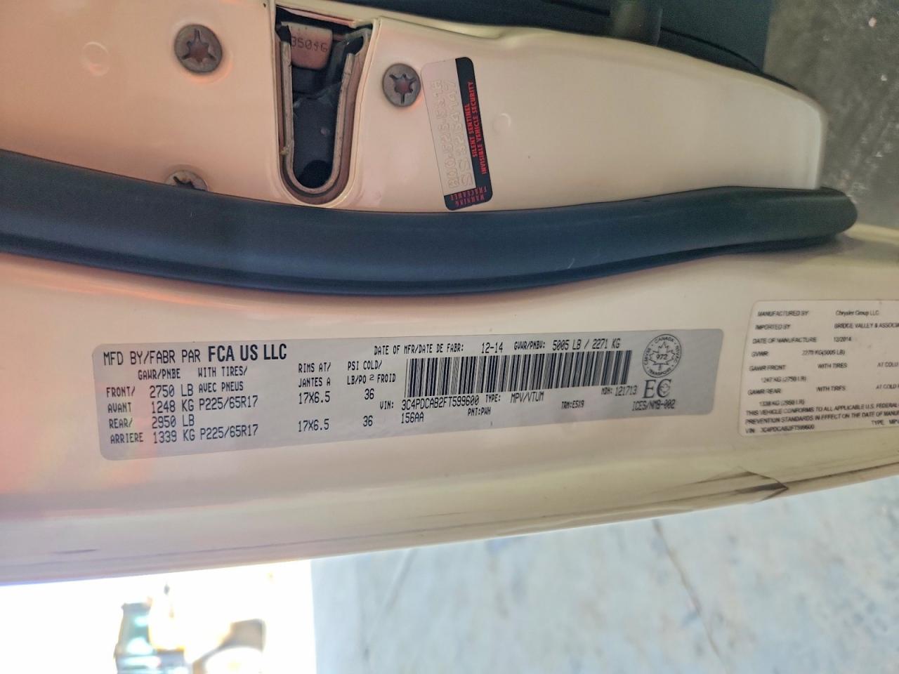 2015 Dodge Journey Se White vin: 3C4PDCAB2FT599600