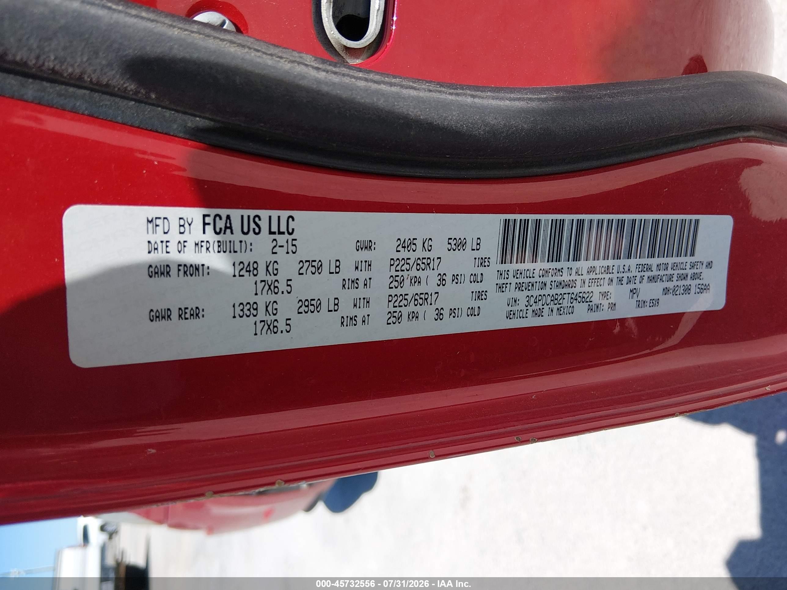 2015 Dodge Journey American Value Pkg Red vin: 3C4PDCAB2FT645622