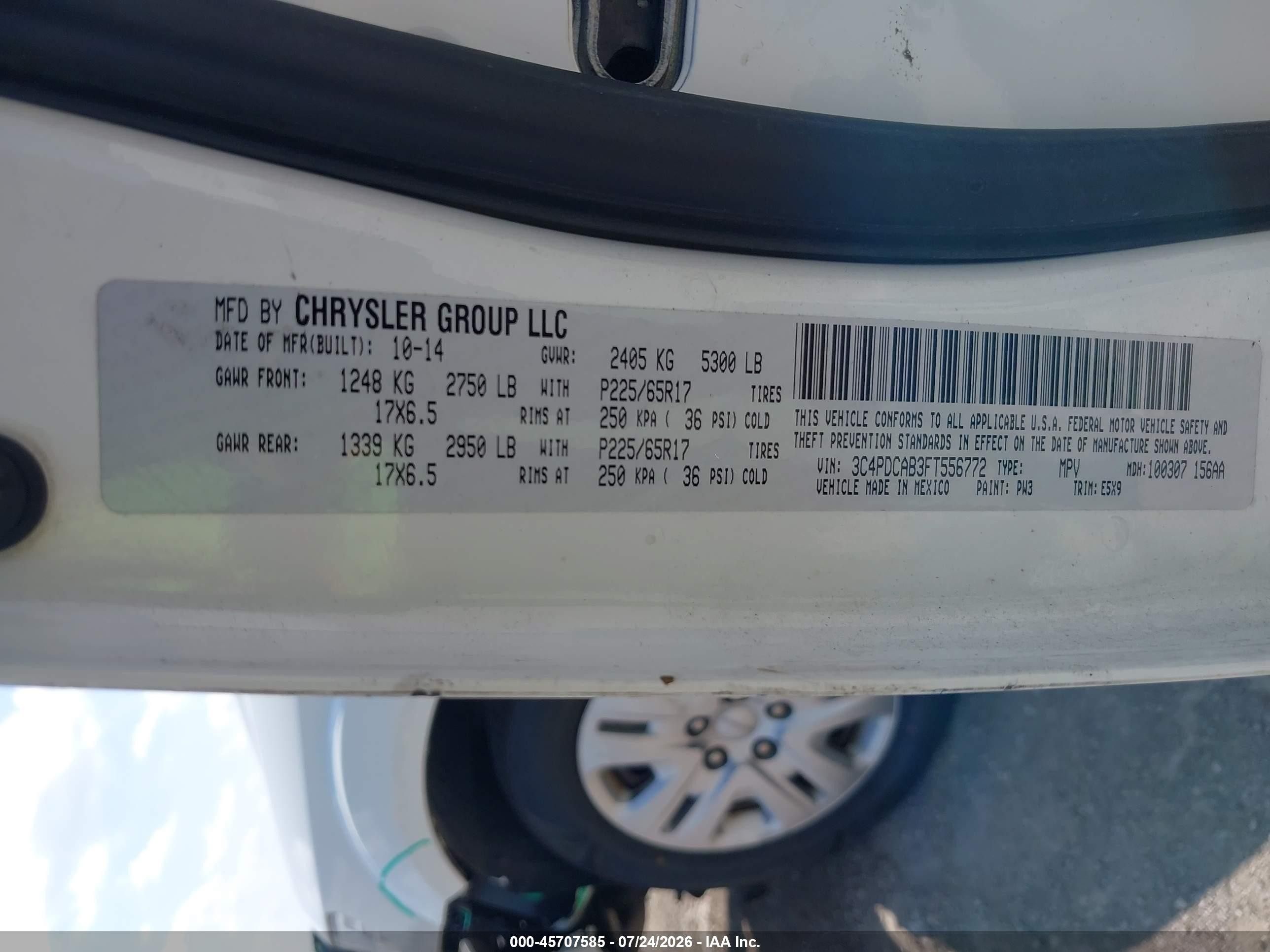 2015 Dodge Journey Se Белый vin: 3C4PDCAB3FT556772
