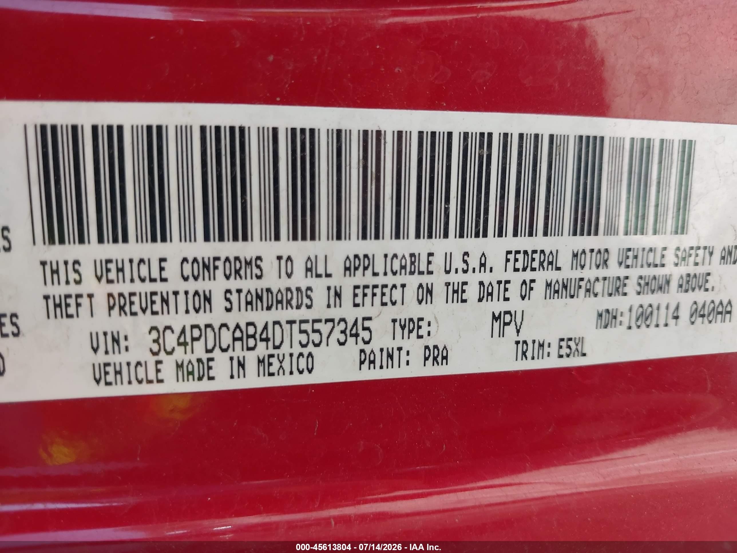 2013 Dodge Journey American Value Pkg Red vin: 3C4PDCAB4DT557345