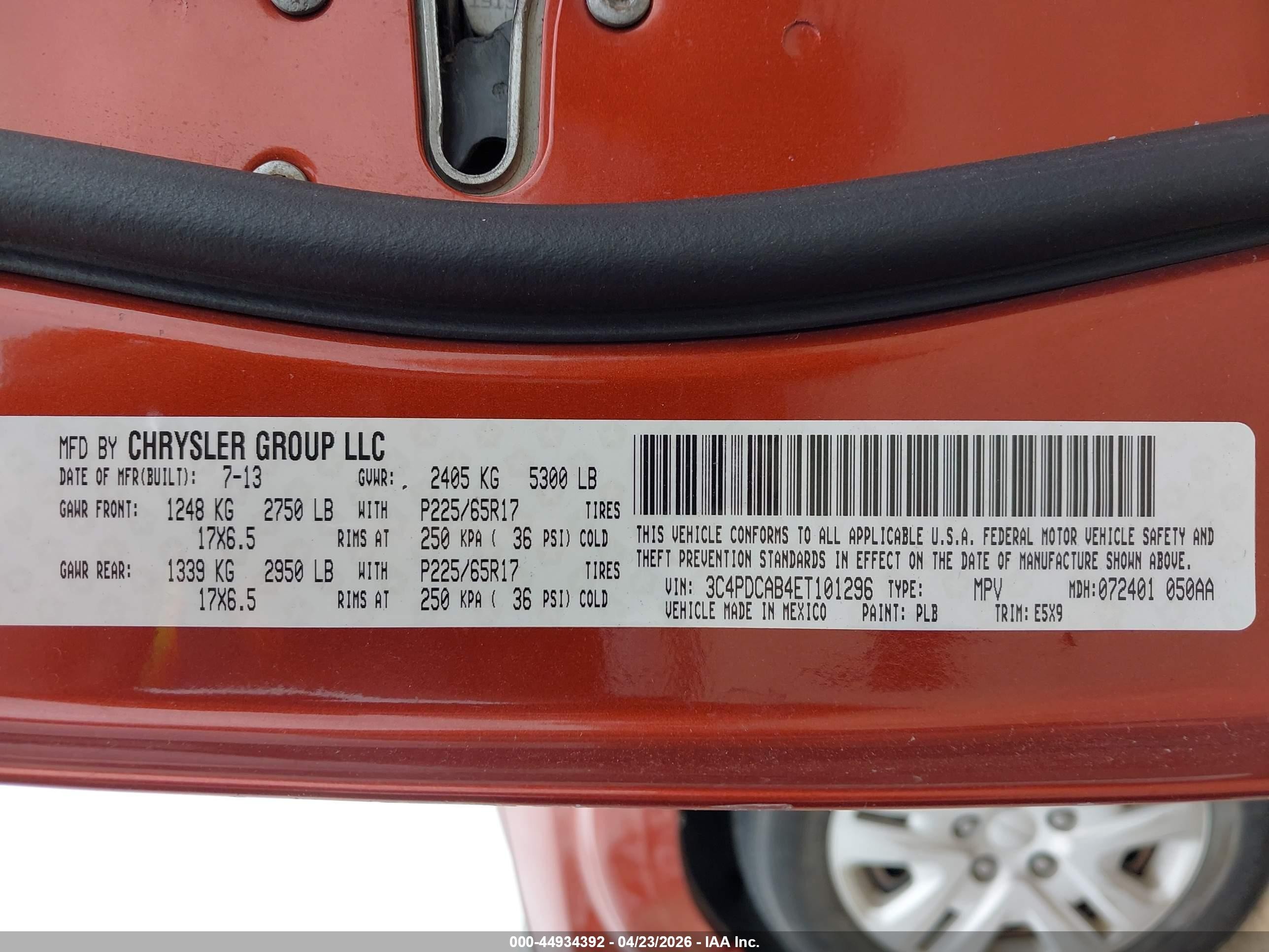 2014 Dodge Journey Se Orange vin: 3C4PDCAB4ET101296
