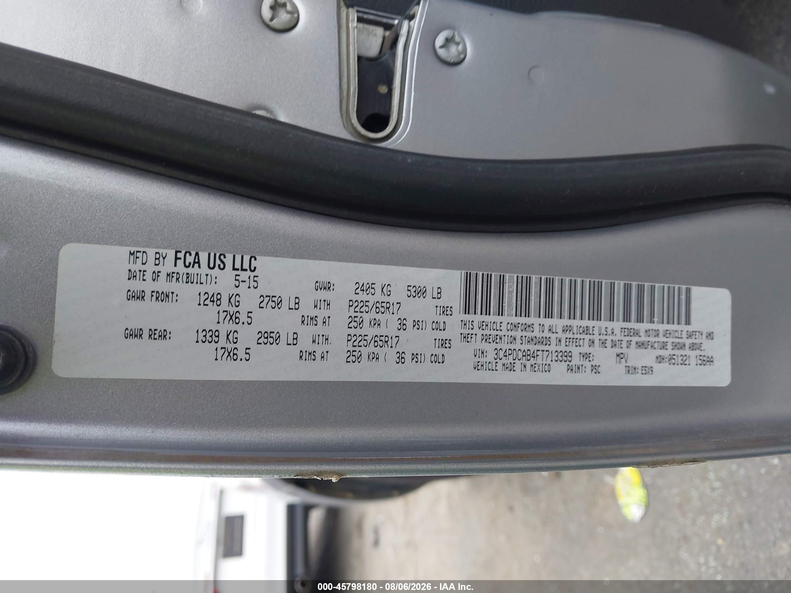 2015 Dodge Journey American Value Pkg Gray vin: 3C4PDCAB4FT713399
