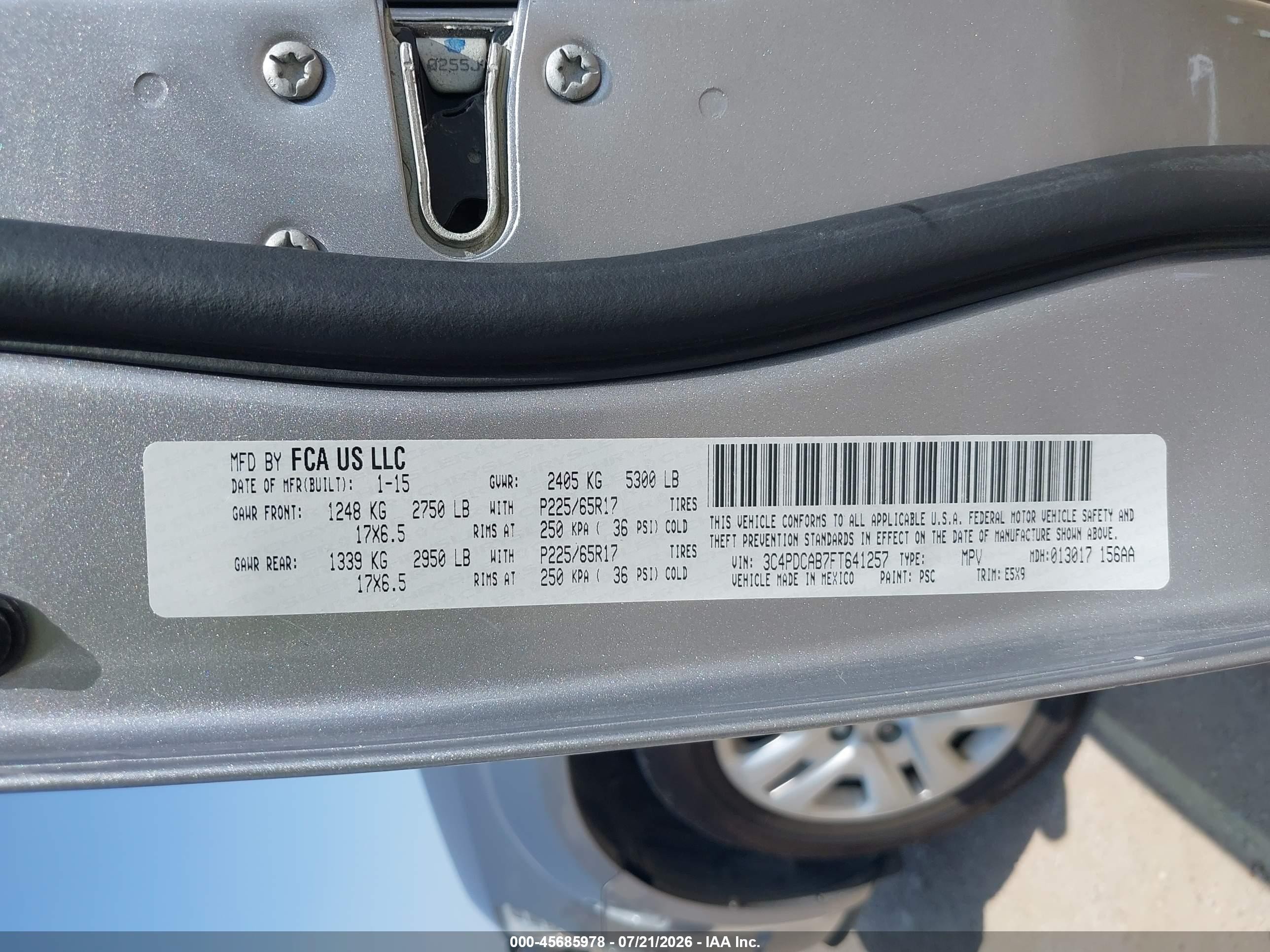 2015 Dodge Journey American Value Pkg Silver vin: 3C4PDCAB7FT641257