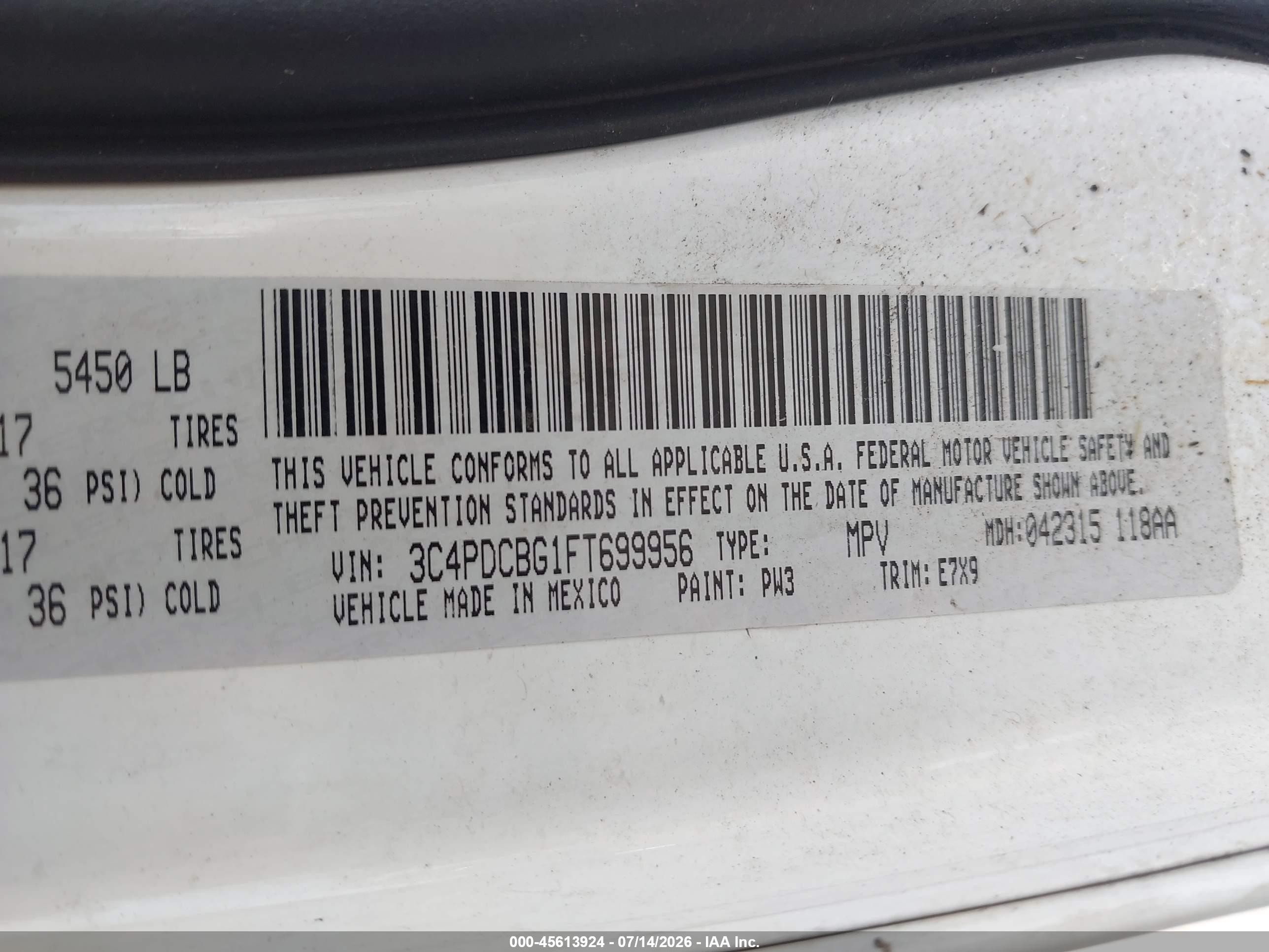 2015 Dodge Journey Sxt White vin: 3C4PDCBG1FT699956