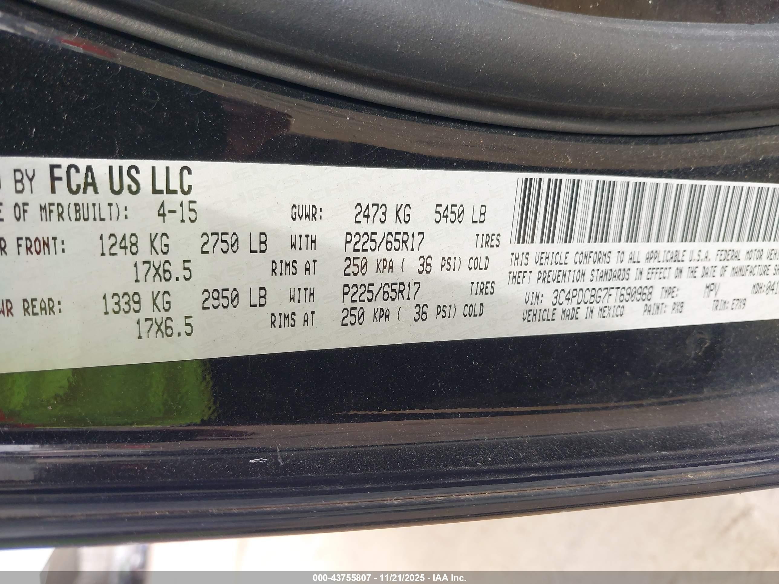 2015 Dodge Journey Sxt Black vin: 3C4PDCBG7FT690968