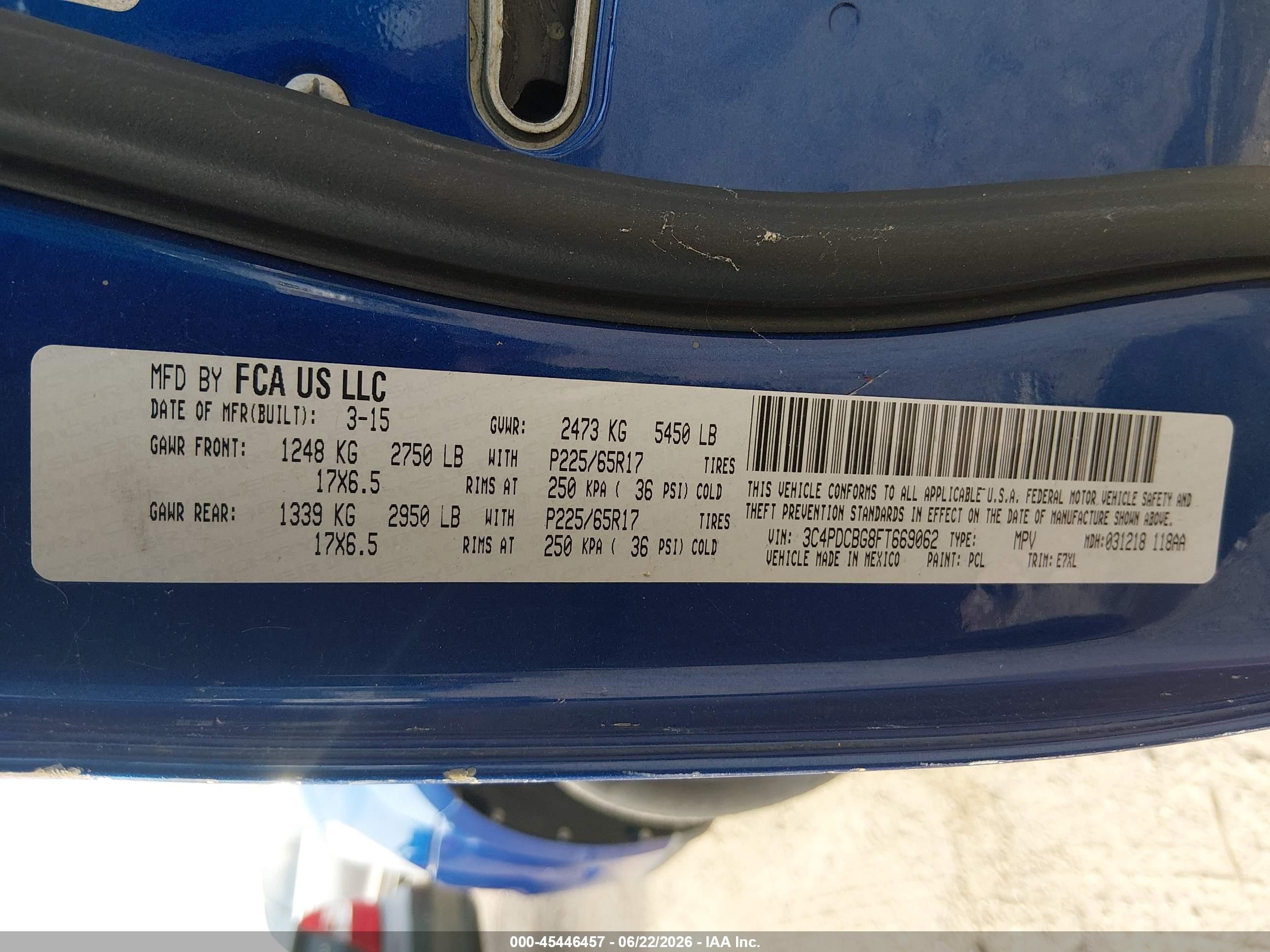 2015 Dodge Journey Sxt Blue vin: 3C4PDCBG8FT669062