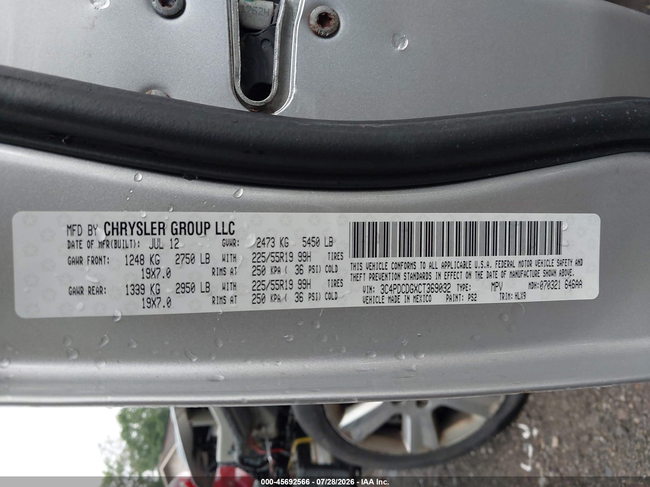 2012 Dodge Journey Crew Silver vin: 3C4PDCDGXCT369032