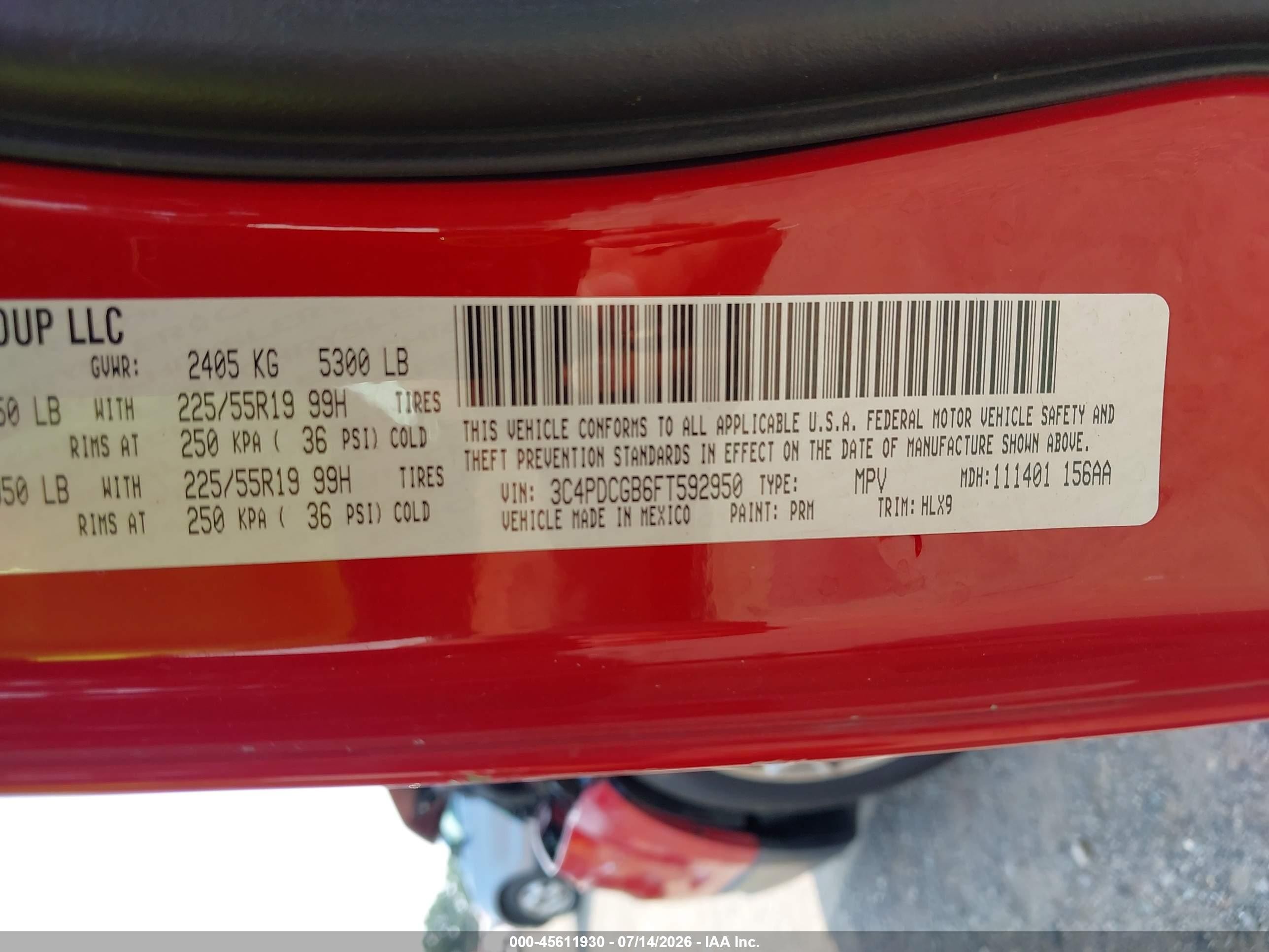 2015 Dodge Journey Crossroad Red vin: 3C4PDCGB6FT592950