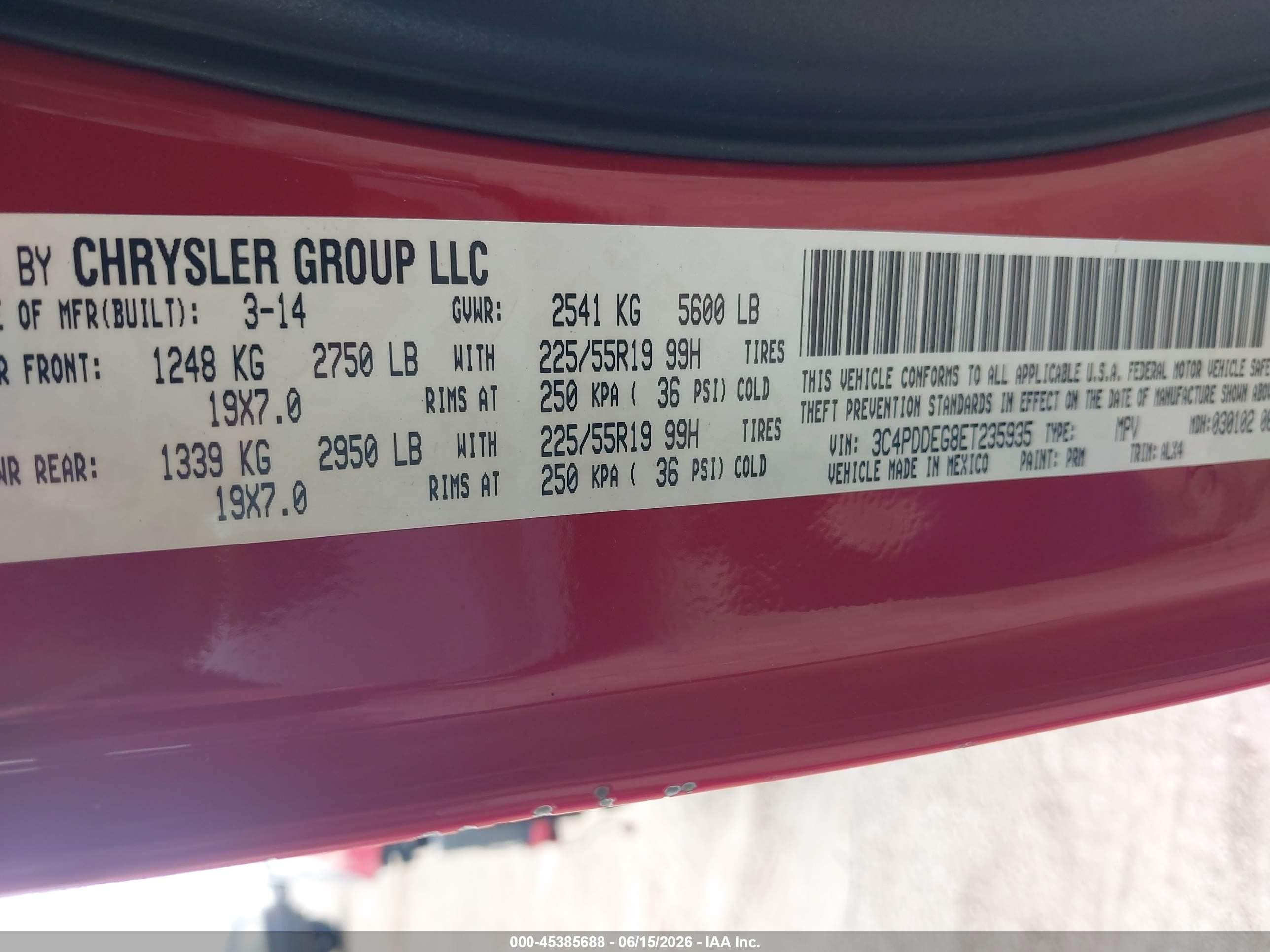 2014 Dodge Journey R/t Red vin: 3C4PDDEG8ET235935